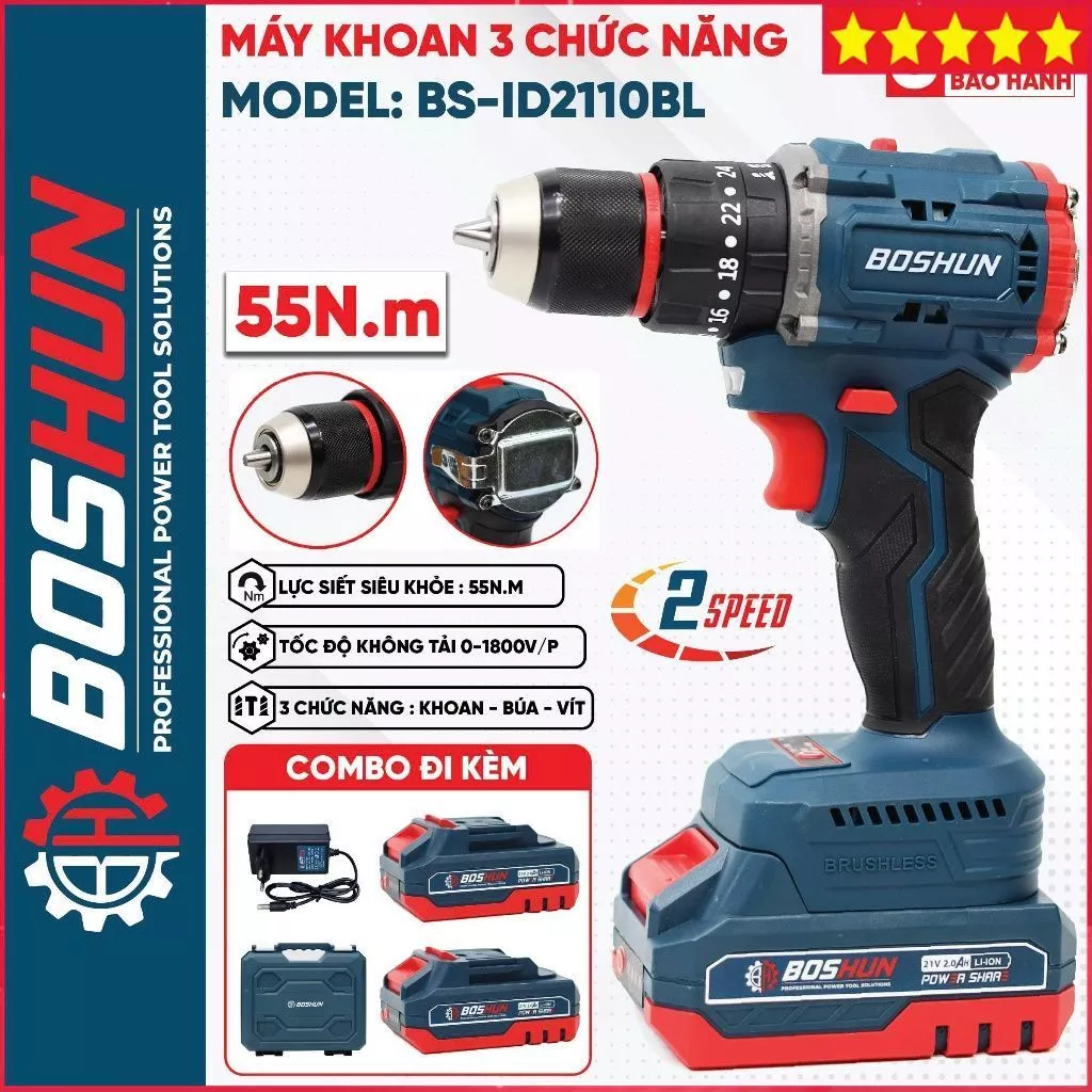 Máy Khoan Pin BOSHUN BS-ID1365BL 13mm – Không Chổi Than, 3 Chức Năng Khoan Búa Bắt Vít, Khoan Tường, Gỗ, Sắt