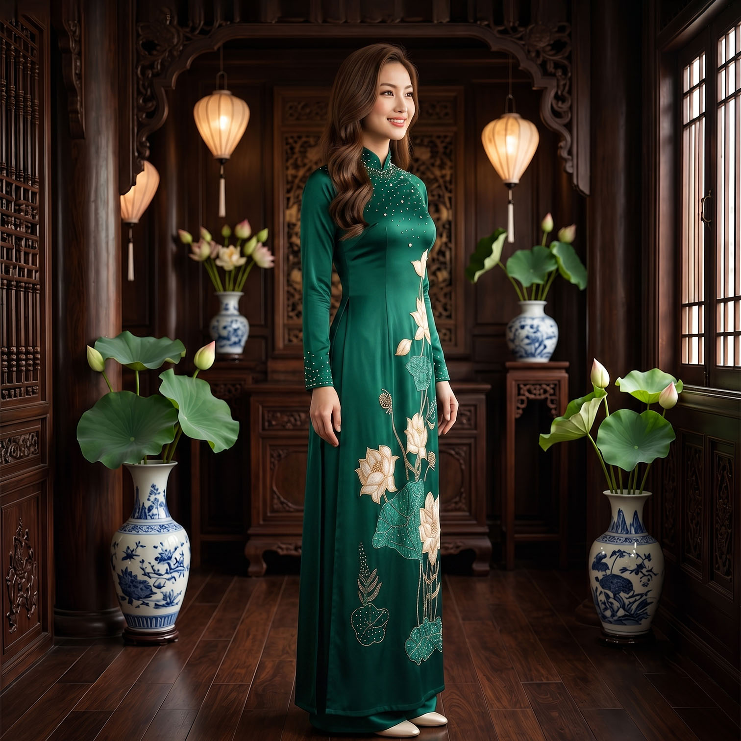 Áo Dài Mẹ Cô Dâu Chú Rể Xanh Rêu Thêu Hoa Sen Cao Cấp AM26-14_thumbnail_2