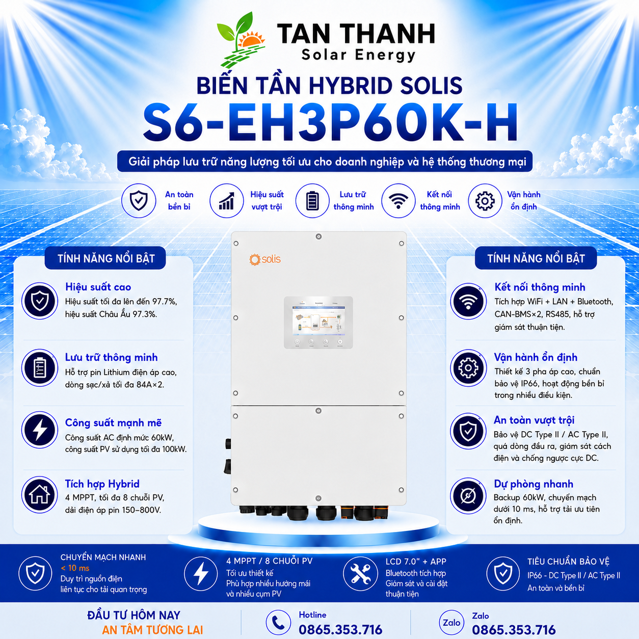  Hybrid Solis S6-EH3P60K-H 60kW 3 Pha Áp Cao