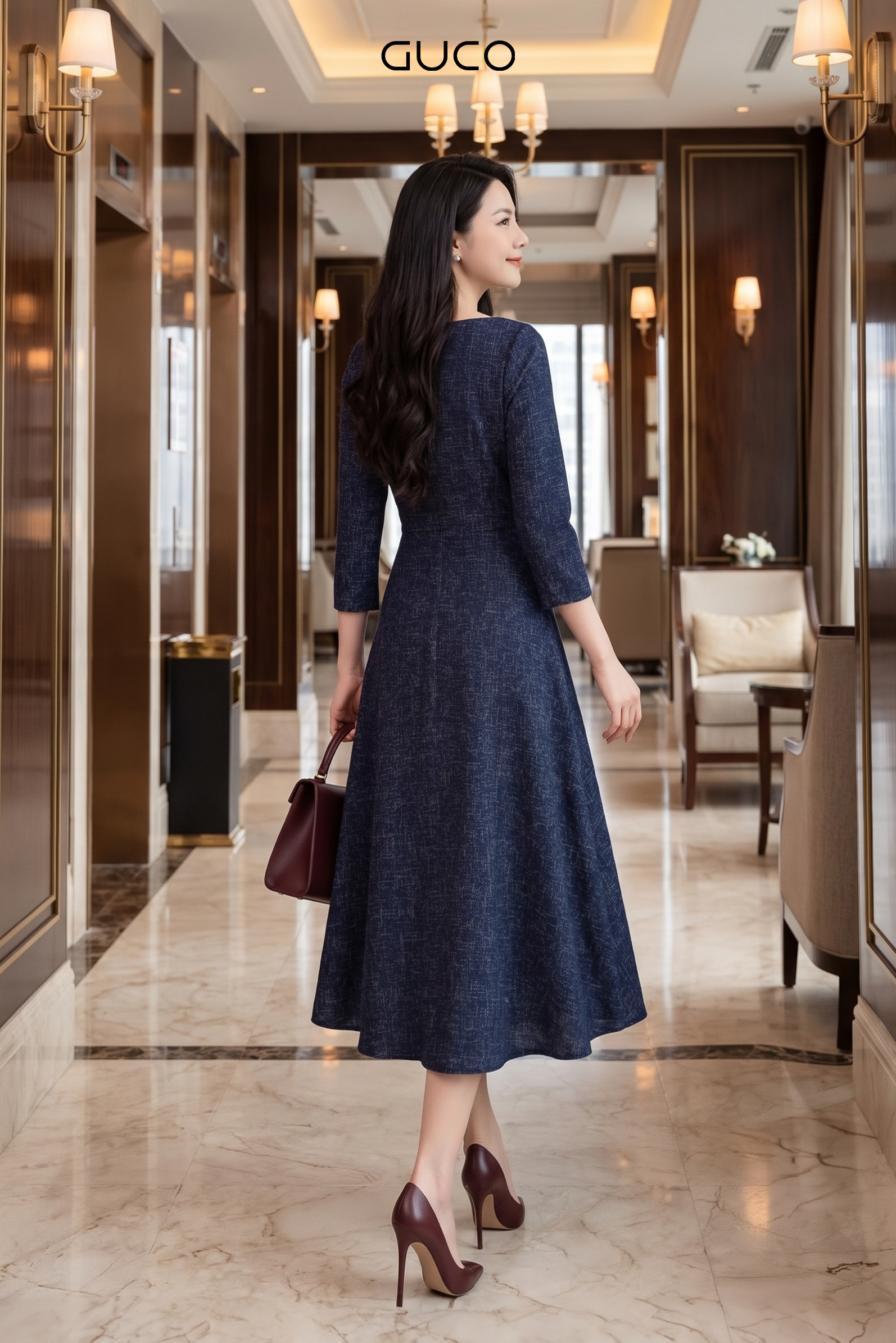 Đầm Xòe Dạ Tweed Xanh Đen Tay Lỡ - 5284_thumbnail_3