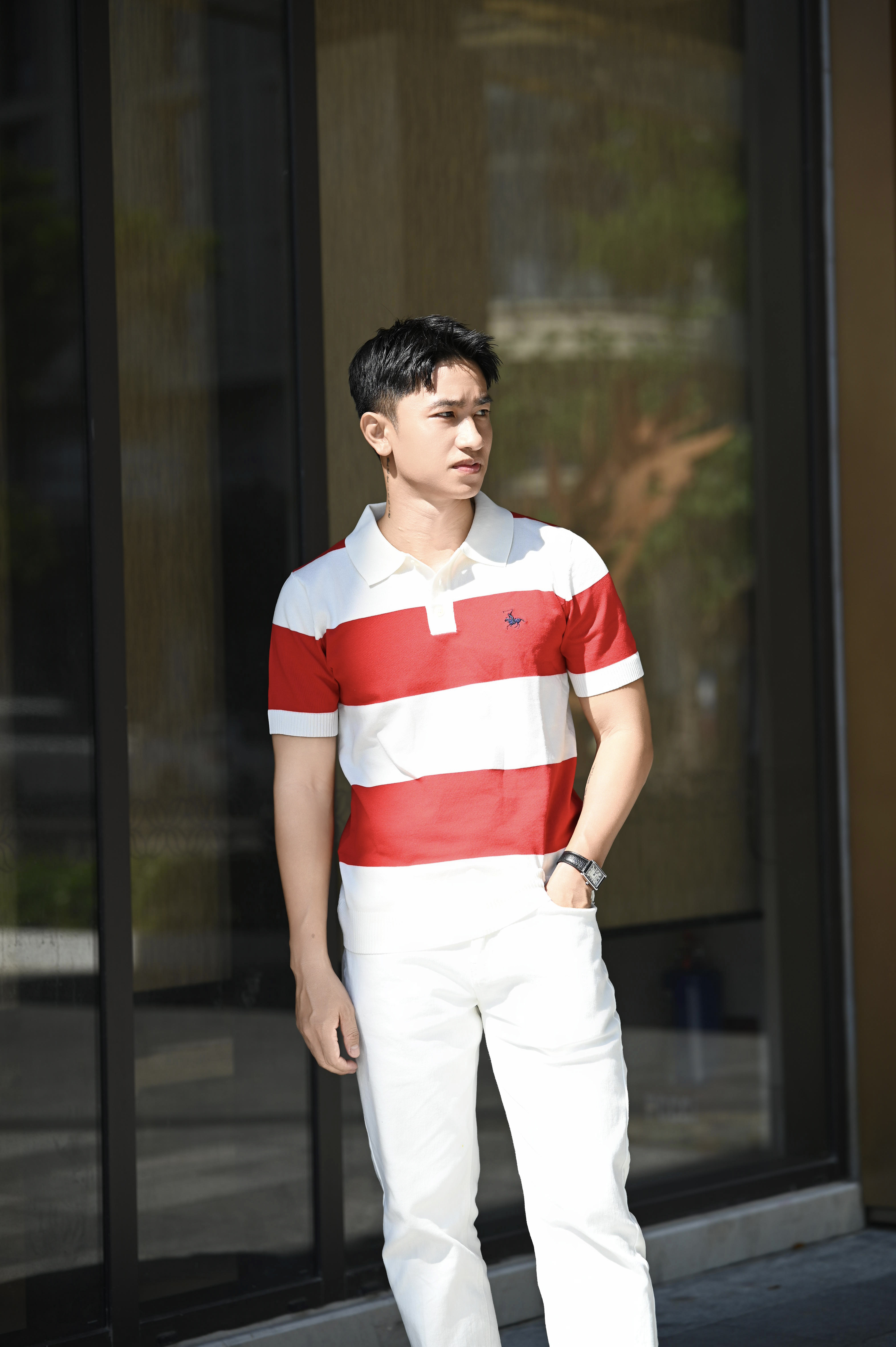 PB4 - Áo Polo Nam Tay Ngắn Slim Fit Phối Màu Đỏ Trắng, Thêu Logo Thời Trang Công Sở