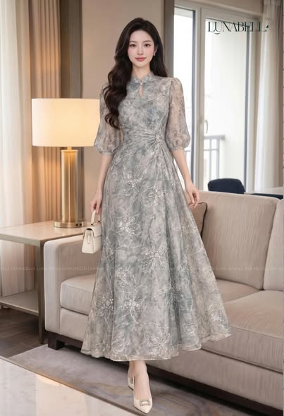 Váy tơ dài cổ tàu đính cườm SEREVA màu XÁM loang