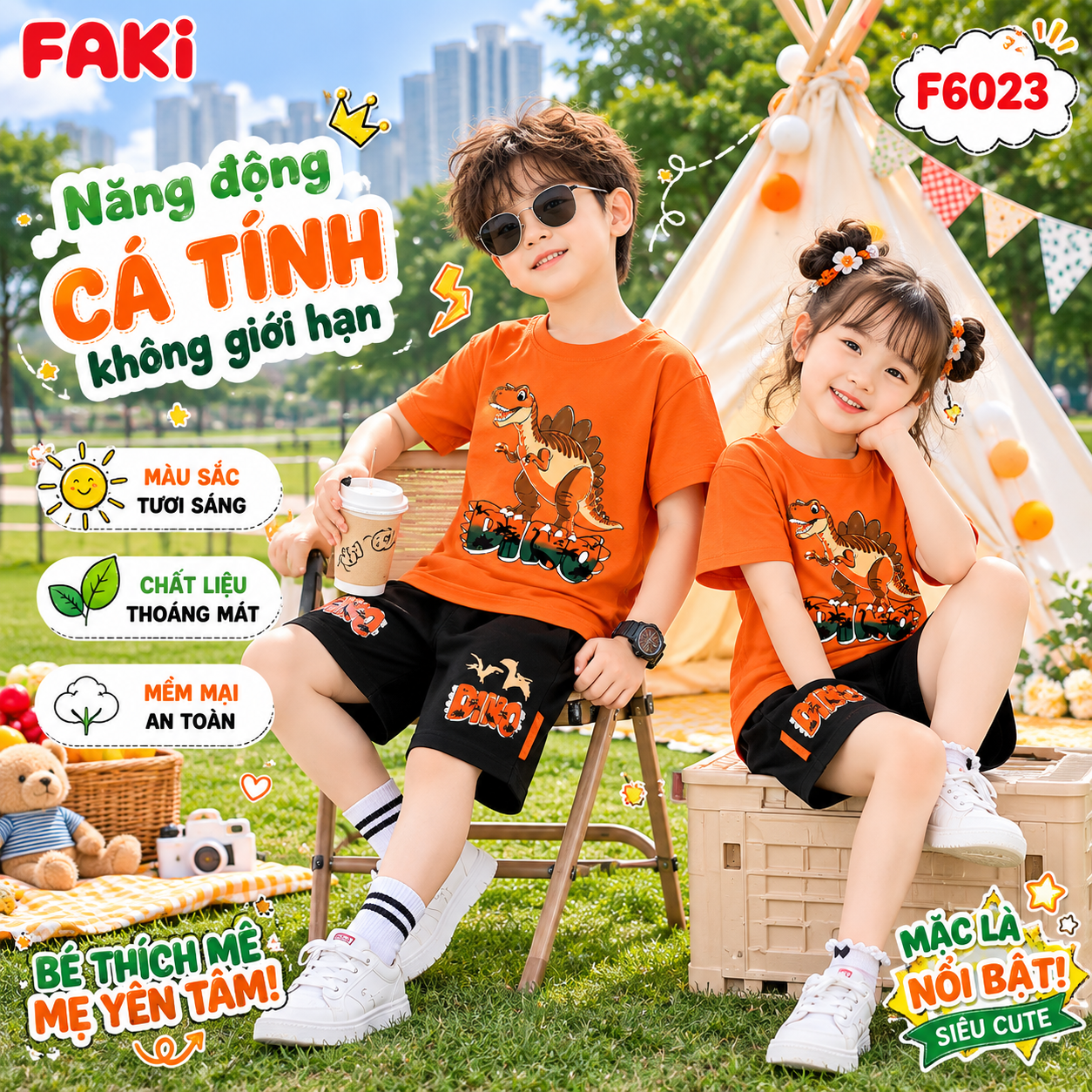 FAKI - Bộ Đồ Bé Trai Bé Gái FAKI F6023 – Set Áo Thun Khủng Long & Quần Short Năng Động, Cá Tính