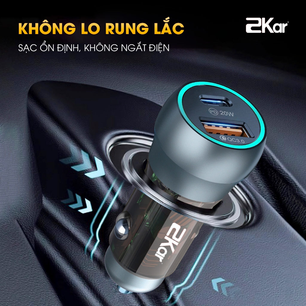 Tẩu Sạc Nhanh Ô Tô 2Kar 38W 2 Cổng USB & Type-C Chính Hãng_thumbnail_8