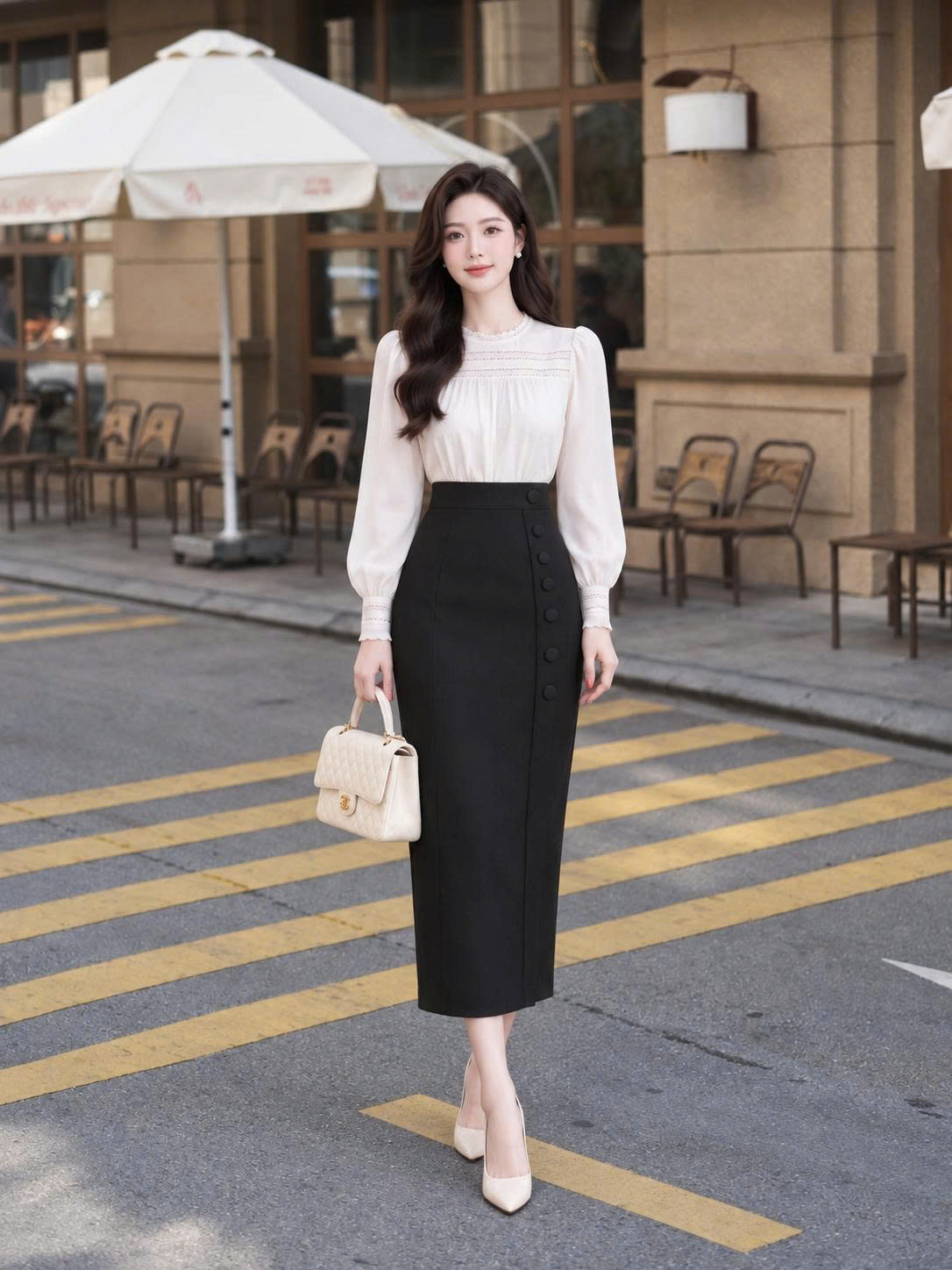 Áo tơ phối ren dài tay LIVIA màu TRẮNG_thumbnail_2