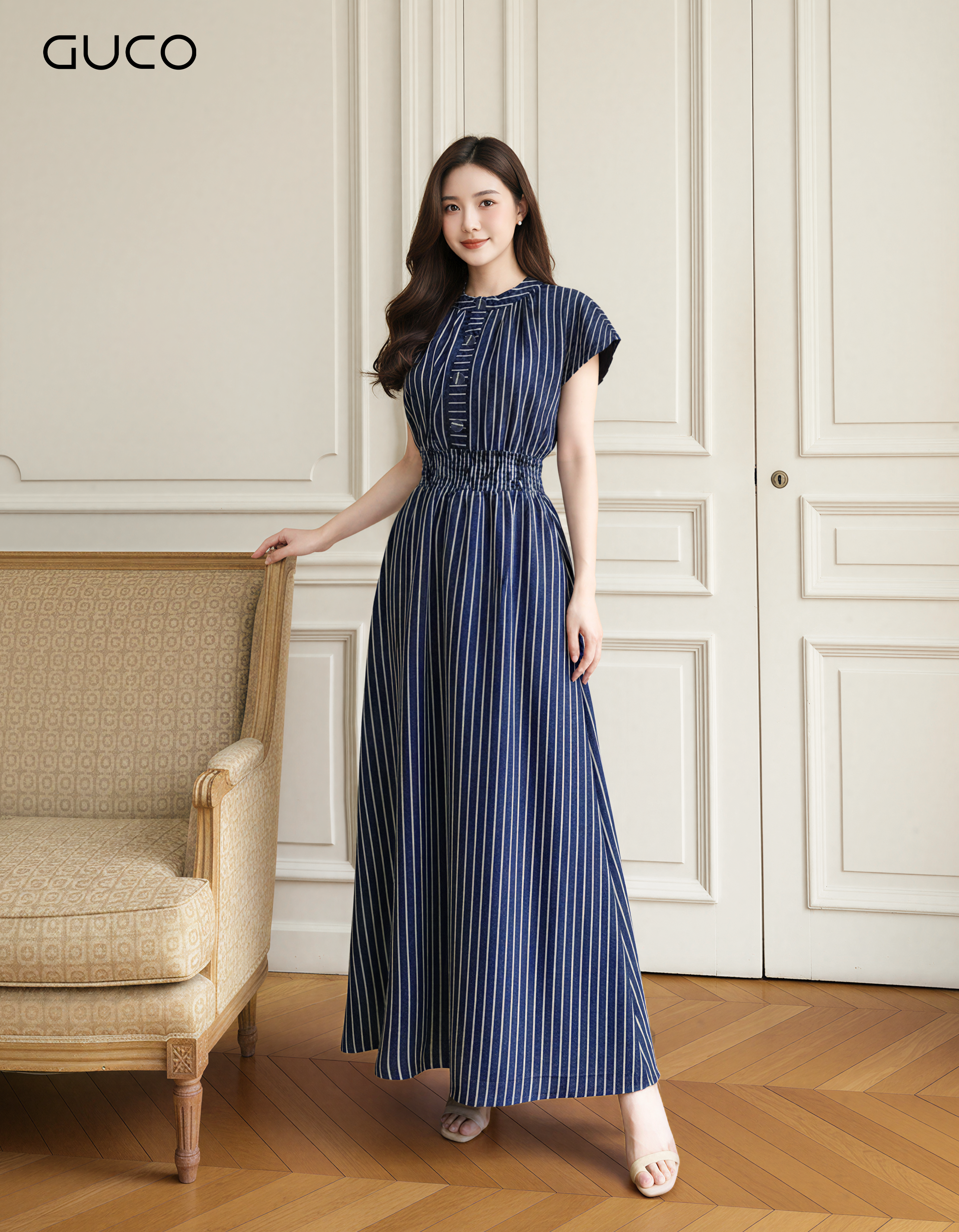 GUCO Đầm Maxi Sọc Xanh Navy Thanh Lịch