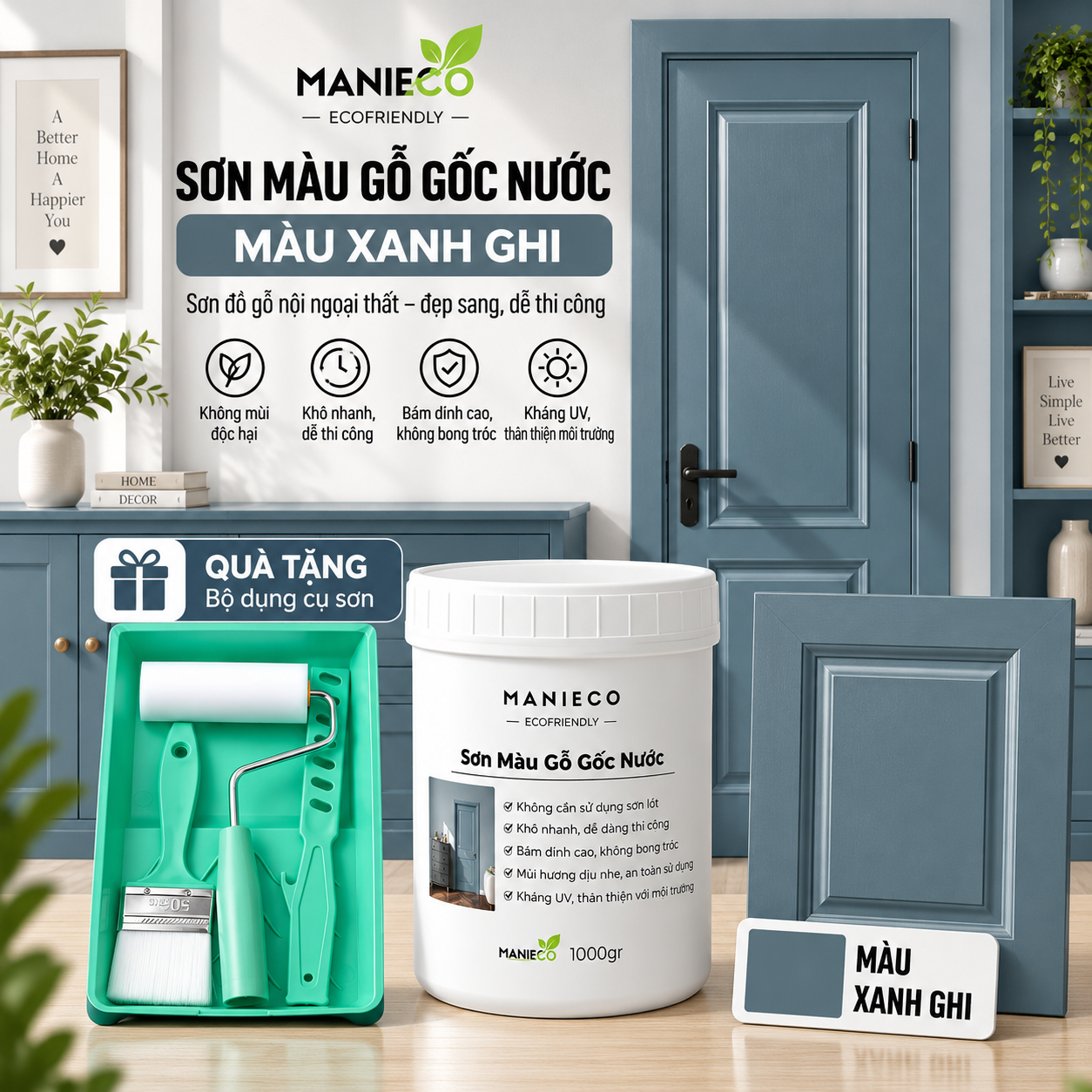 Màu Xanh Ghi - Sơn Gỗ Gốc Nước Đổi Màu Manieco 1KG - Nội Ngoại Thất, Che Phủ Hoàn Toàn, Không Mùi