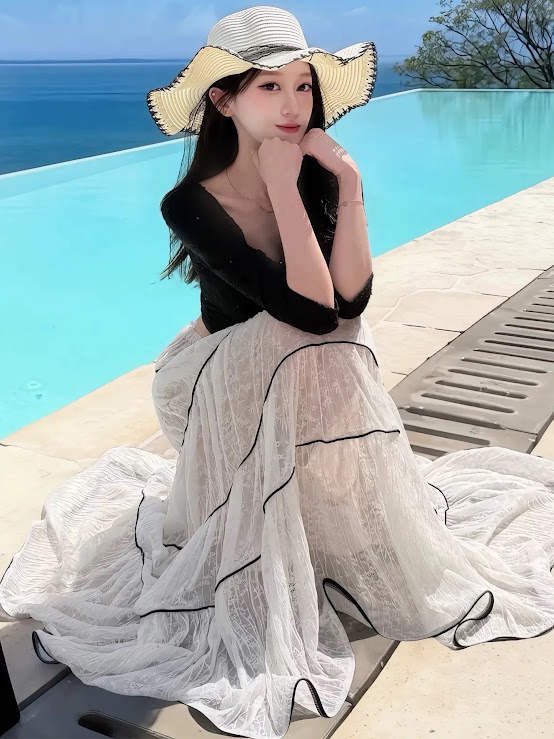 Lucas - Chân váy voan dáng xòe maxi cạp chun đính nơ viền tầng khác màu_thumbnail_1