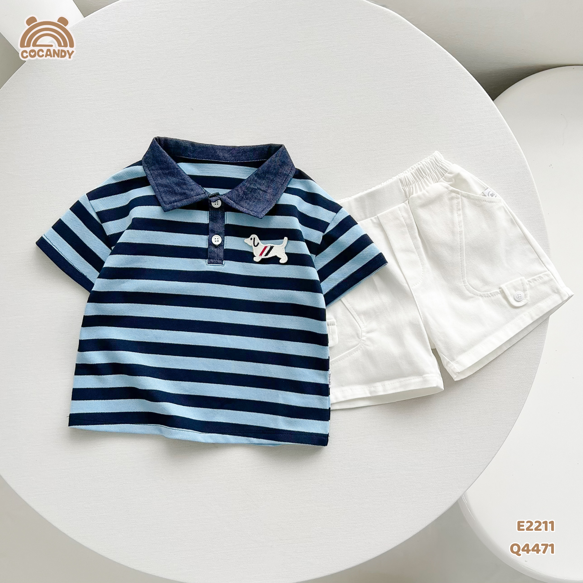 Áo cộc polo kẻ XANH NAVY nẹp cổ tag cún