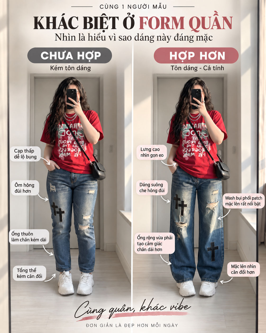 Hình minh họa so sánh tỷ lệ dáng quần qua hai cột Chưa hợp và Hợp hơn cho T-QJ639