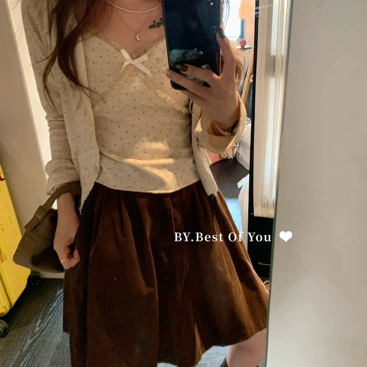 Lucas - Set áo 2 dây chấm bi pha viền ren chéo ngực đính nơ + áo khoác cardigan cài cúc