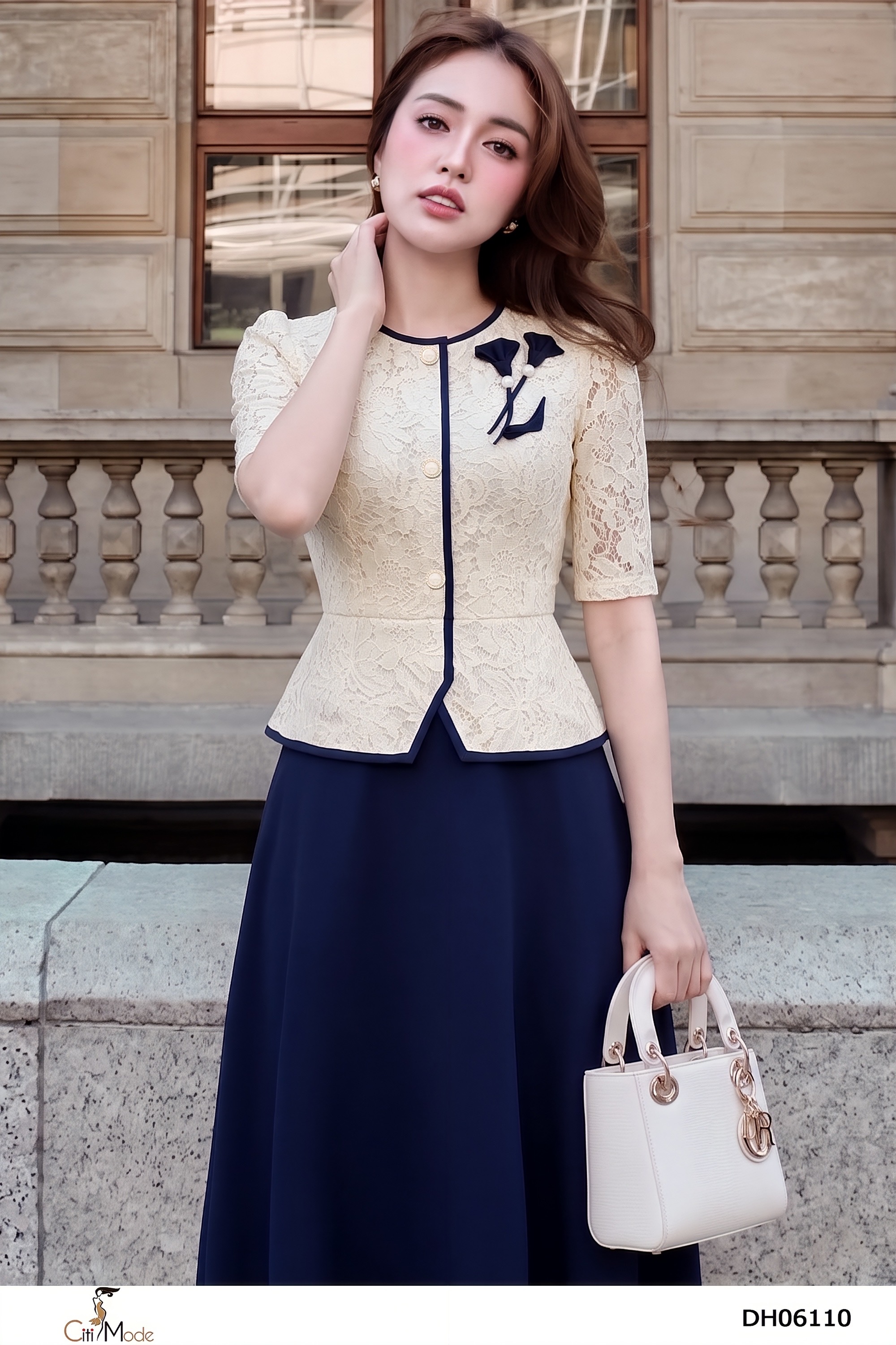 Đầm xòe peplum xanh đen phối ren kem vai đính hoa tay lỡ_thumbnail_3