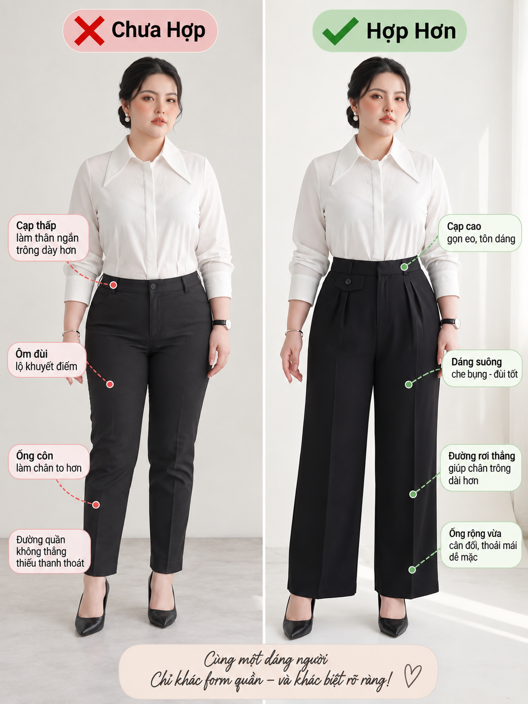 Comparison of fitted pants and high-waist straight-leg V-QD037 pants at the waist, thighs and legs