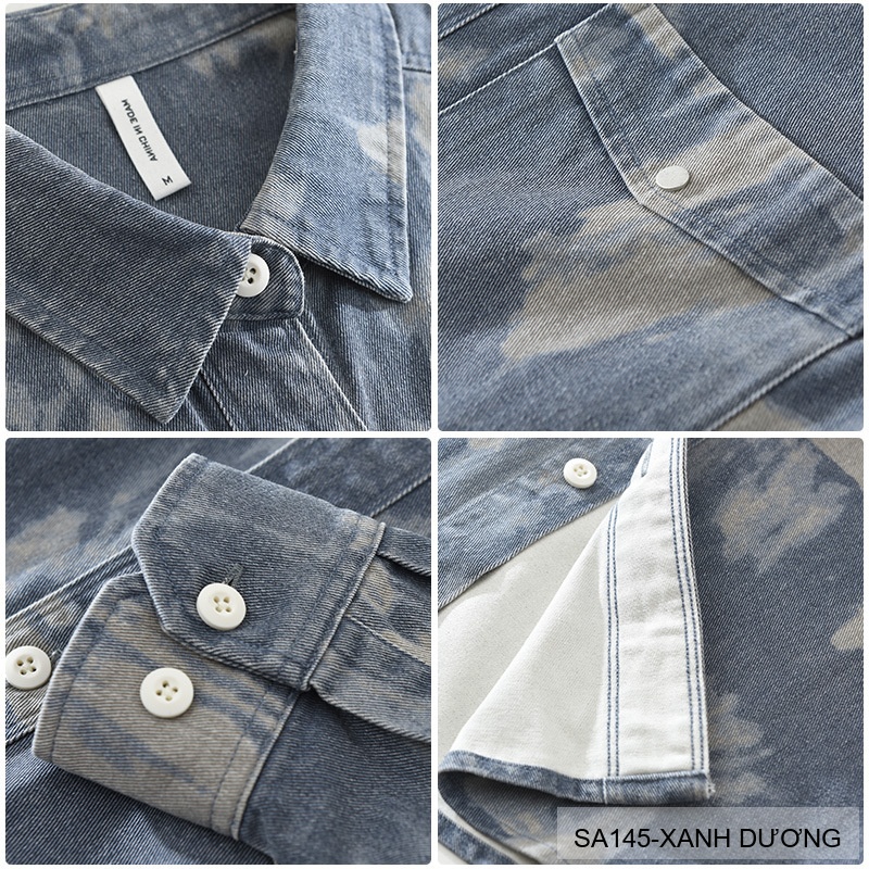 SA145 - Áo Sơ Mi Nam Tay Dài Phong Cách Retro Denim In Hoa Văn Bông 100%_thumbnail_6