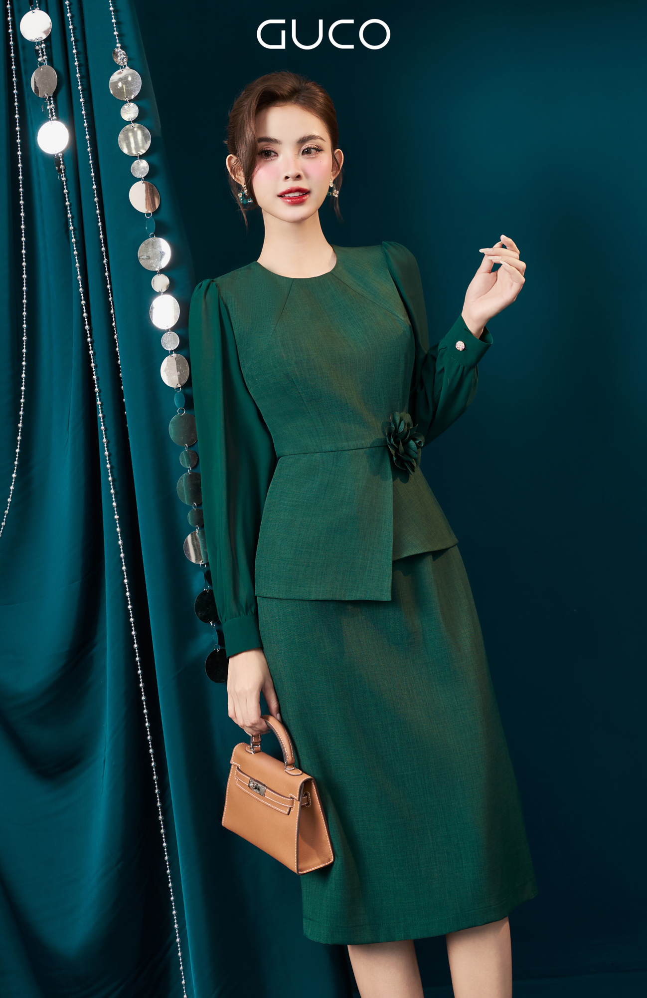 ĐẦM PEPLUM CỔ TRÒN TAY DÀI PHỐI VOAN - XANH LÁ_thumbnail_2