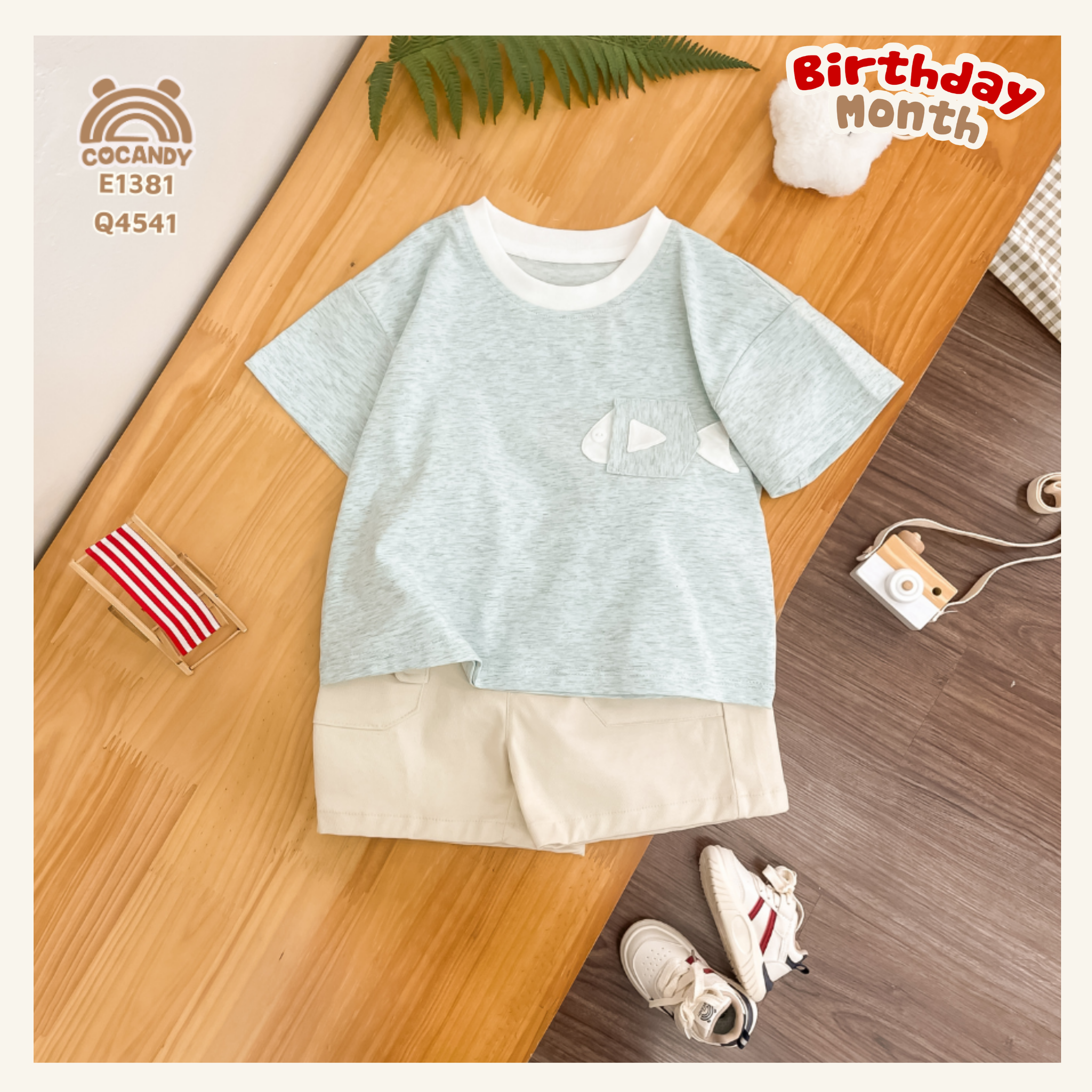 Áo cộc cotton XANH họa tiết túi cá