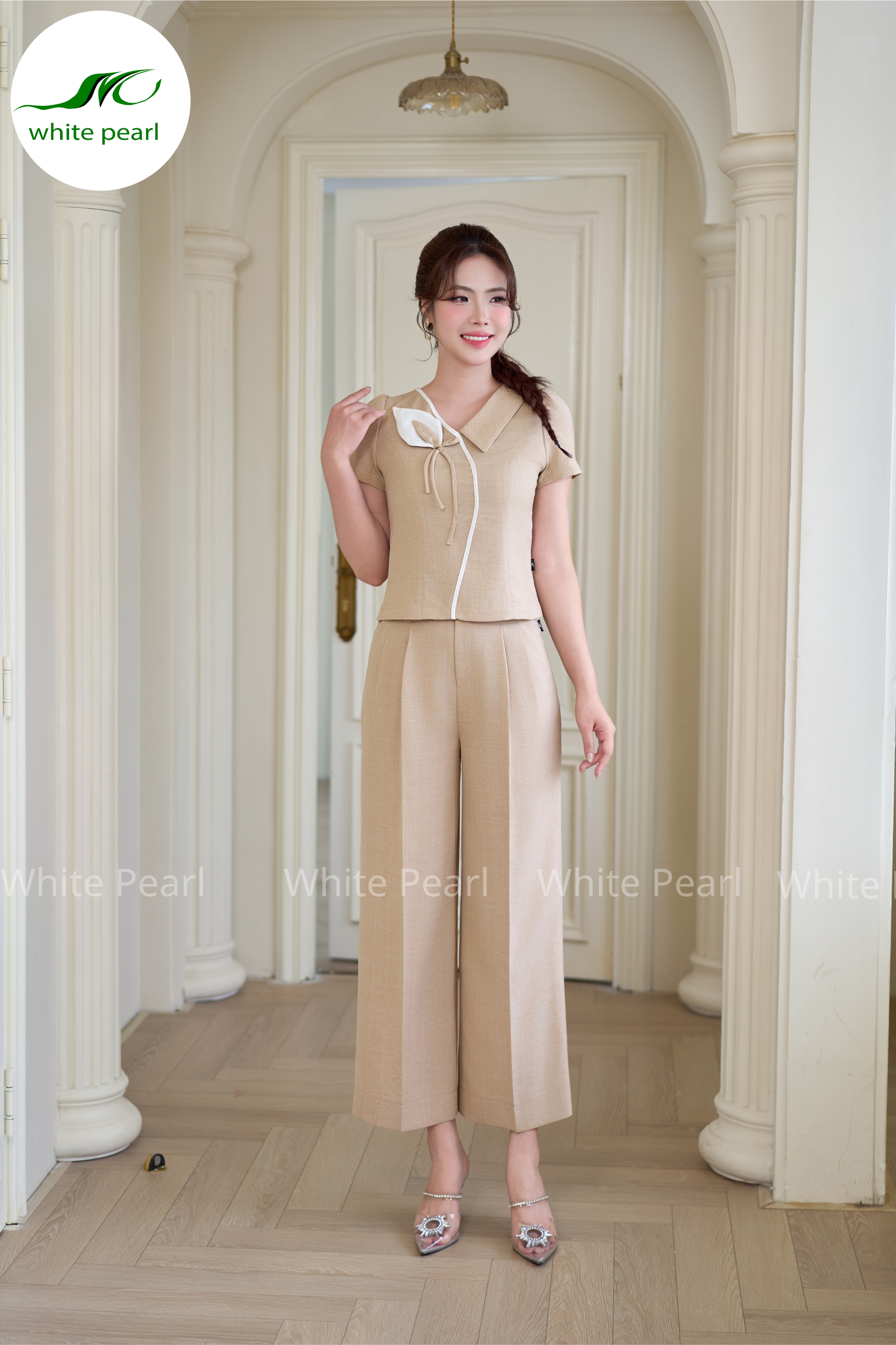 Bộ Ký Giả | Áo cổ tim phối màu + Quần suông 2 ly