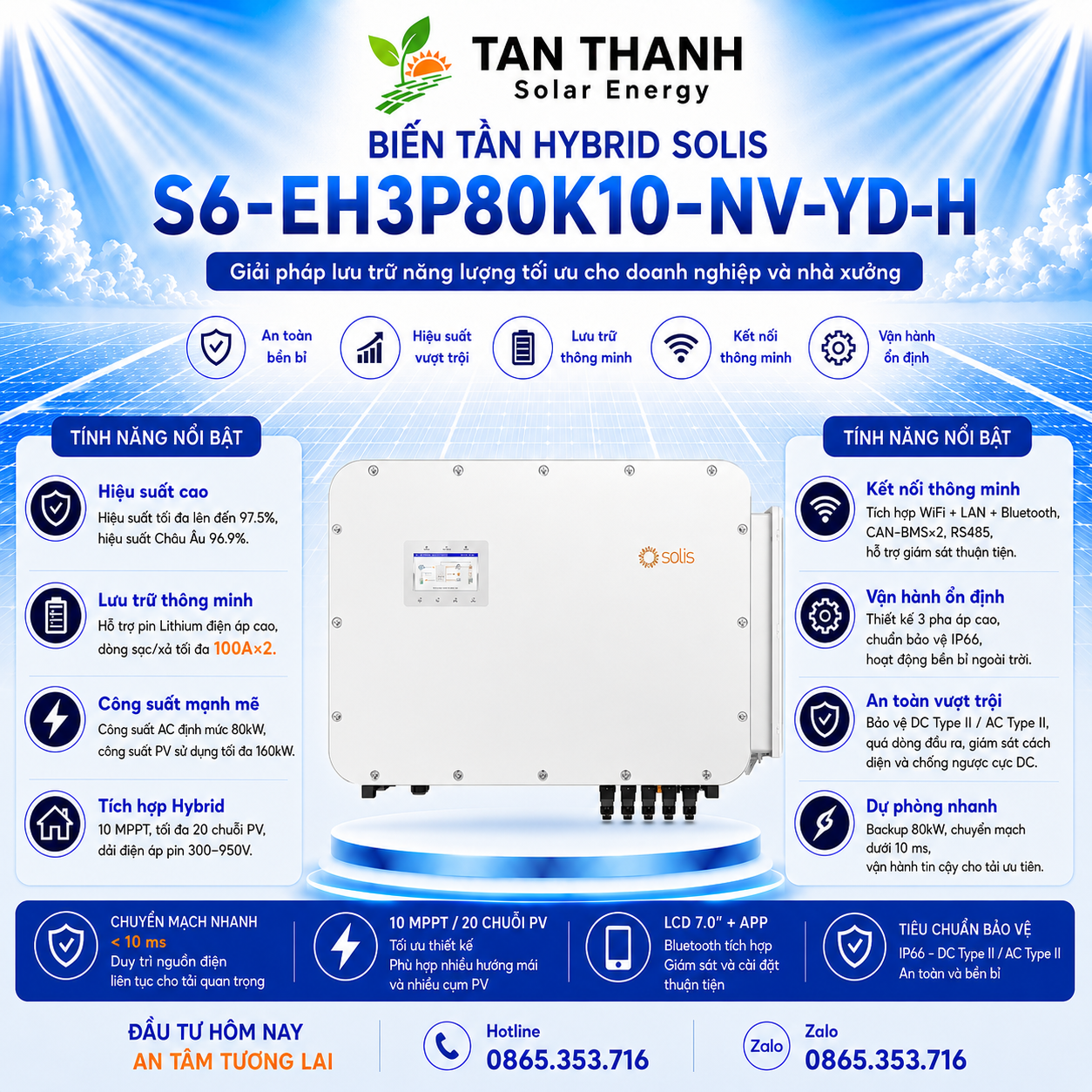 Hybrid Solis S6-EH3P80K10-NV-YD-H 80kW 3 Pha Áp Cao
