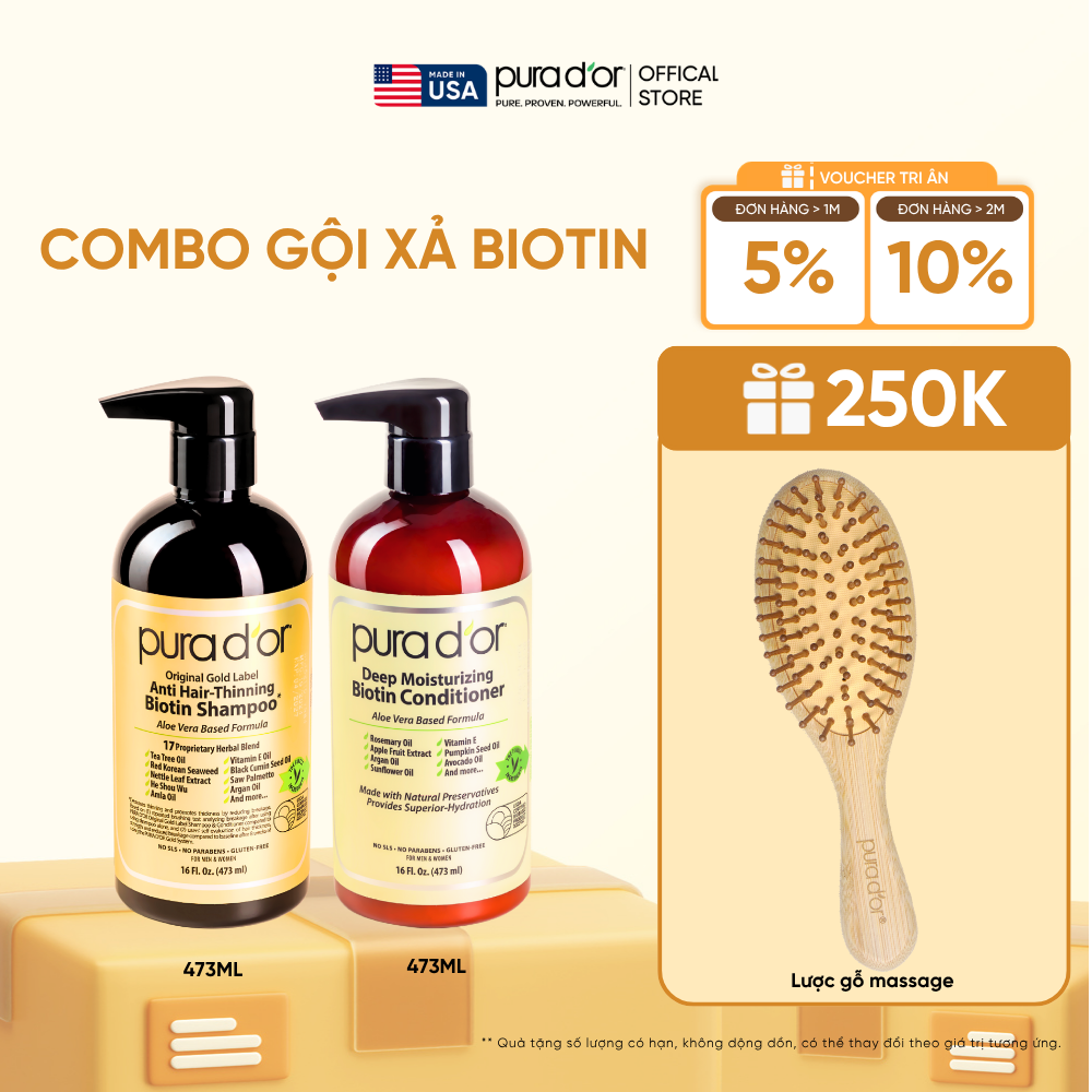 Combo Gội - Xả Biotin Pura D'or Original Gold Label & Deep Moisturizing Chăm Sóc Da Đầu, Dưỡng Ẩm Chuyên Sâu 473ml