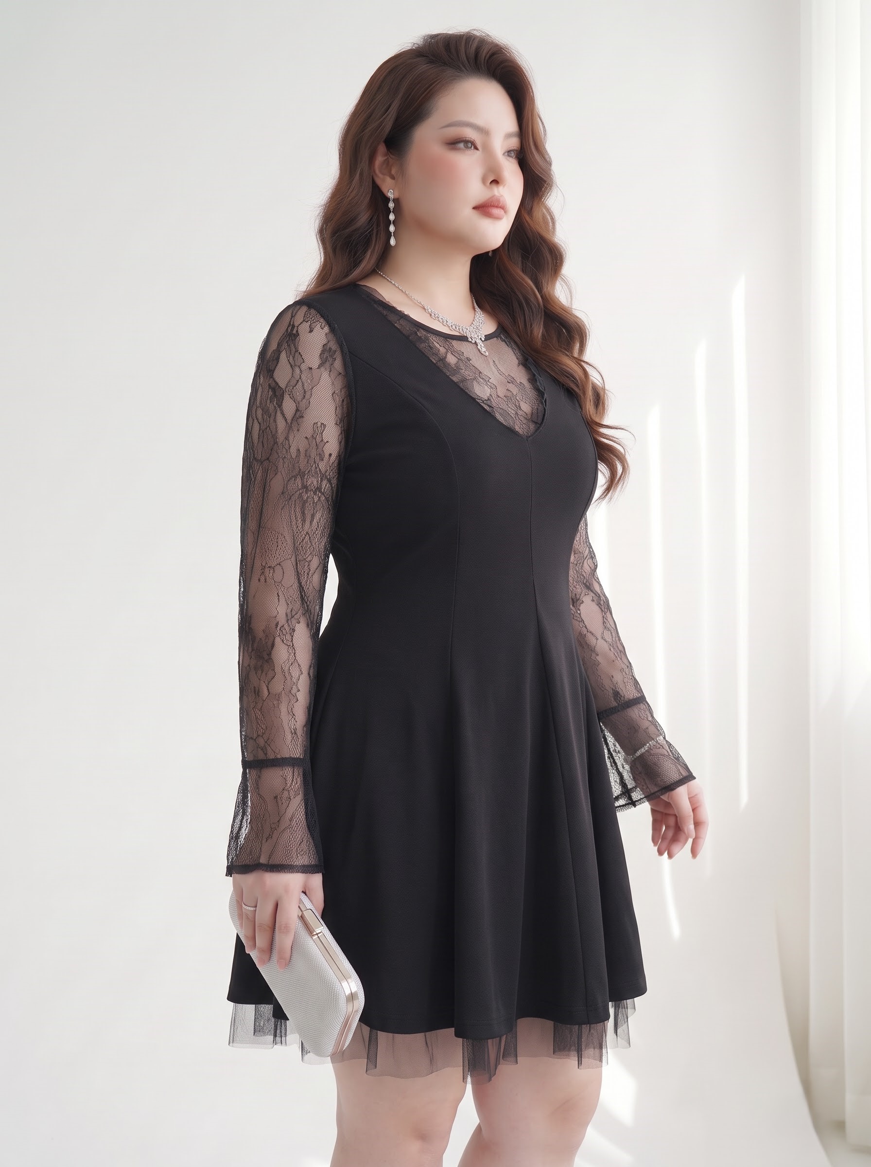 Set Đầm Phối Lưới Kèm Áo Ren Tay Loe Bigsize Nữ 2 Món Dễ Phối, Không Co Giãn - Vừa 55–90kg - V-SET017_thumbnail_2