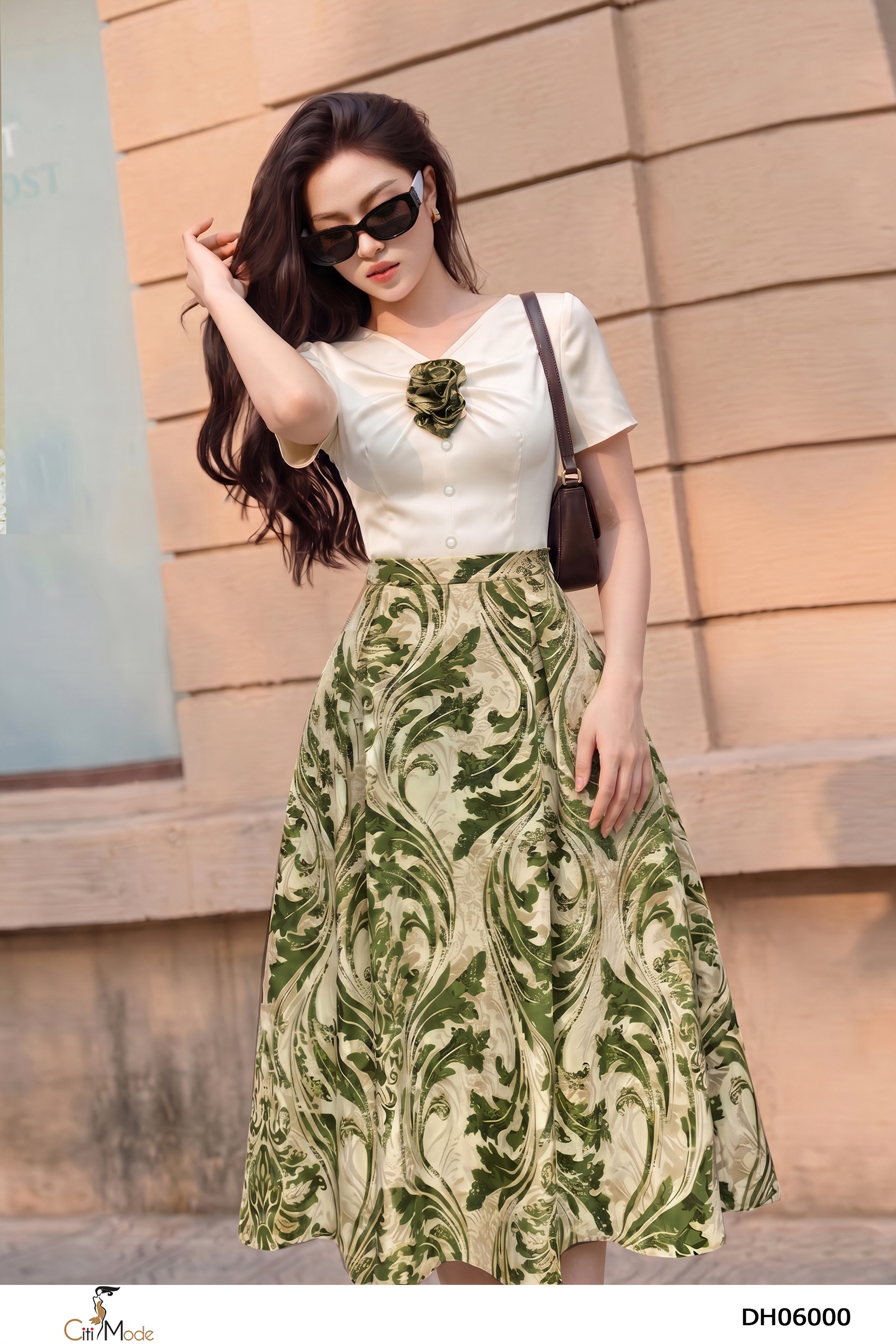 Đầm xòe họa tiết xanh phối trắng kem ngực nhún cổ V tay ngắn_thumbnail_7