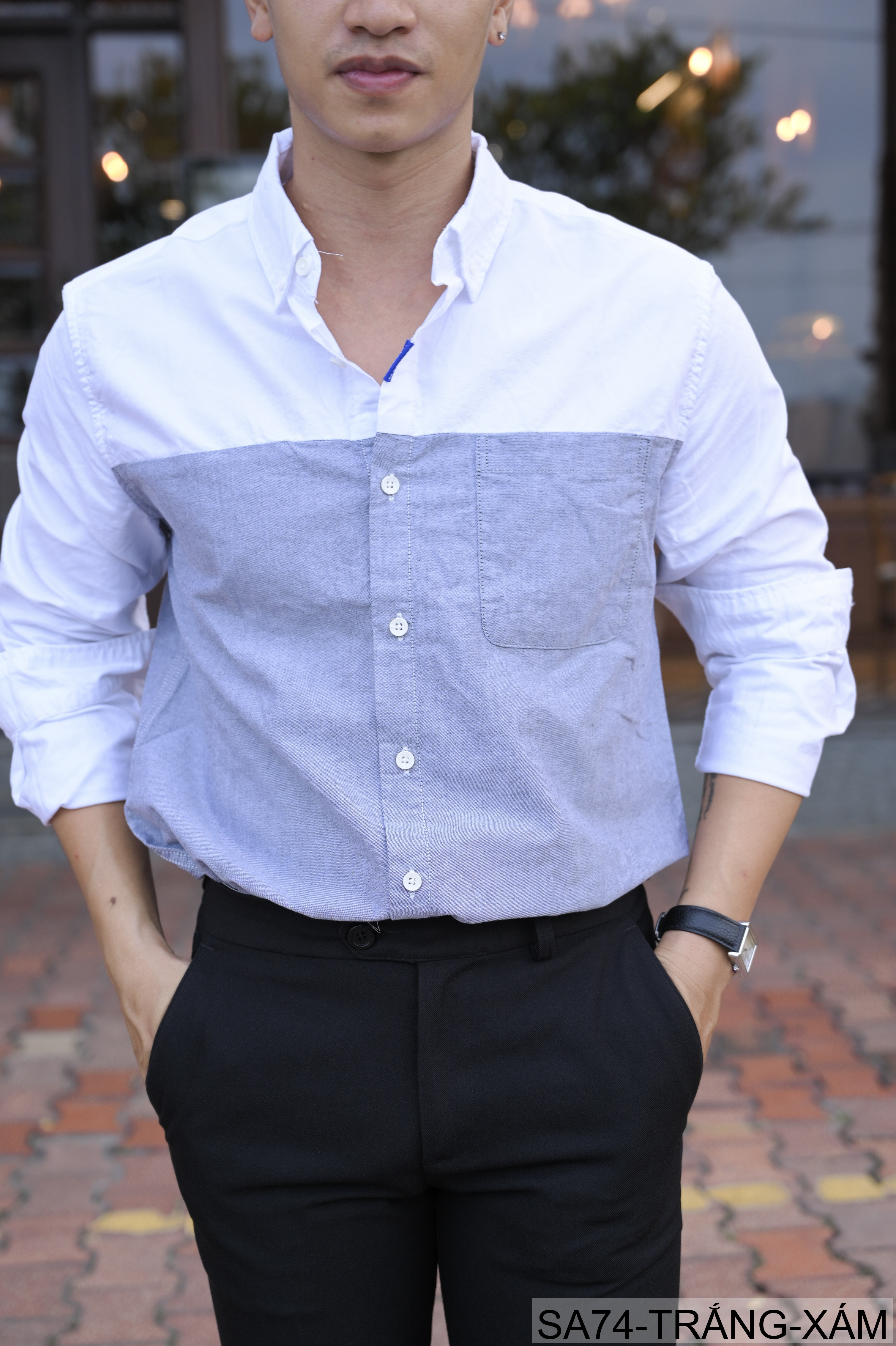 SA74 - Áo sơ mi nam dài tay Oxford kiểu Nhật, form rộng, chất cotton 100%, phối màu trắng xanh lá/xám_thumbnail_6