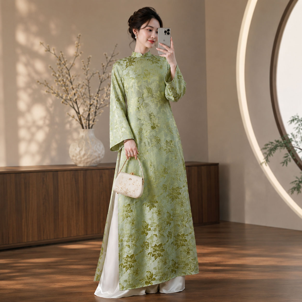Áo Dài Cách Tân Nữ Dáng Suông Gấm Haiza Họa Tiết 2 Tà CT27-01_thumbnail_0