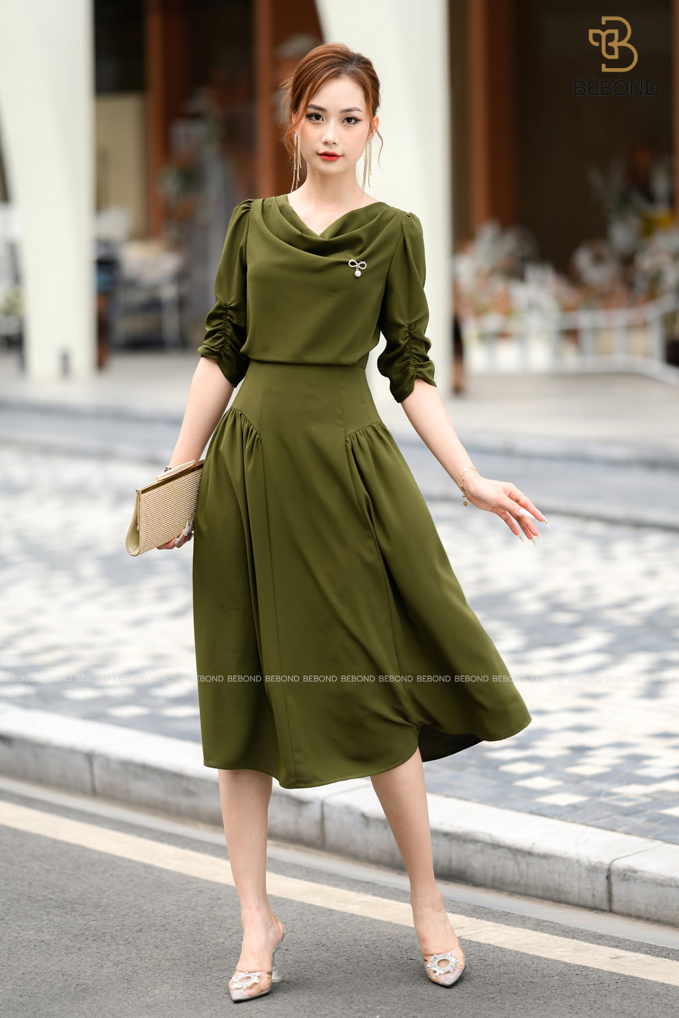 Chân đầm lụa Nhật XANH RÊU- CONAL DRESS