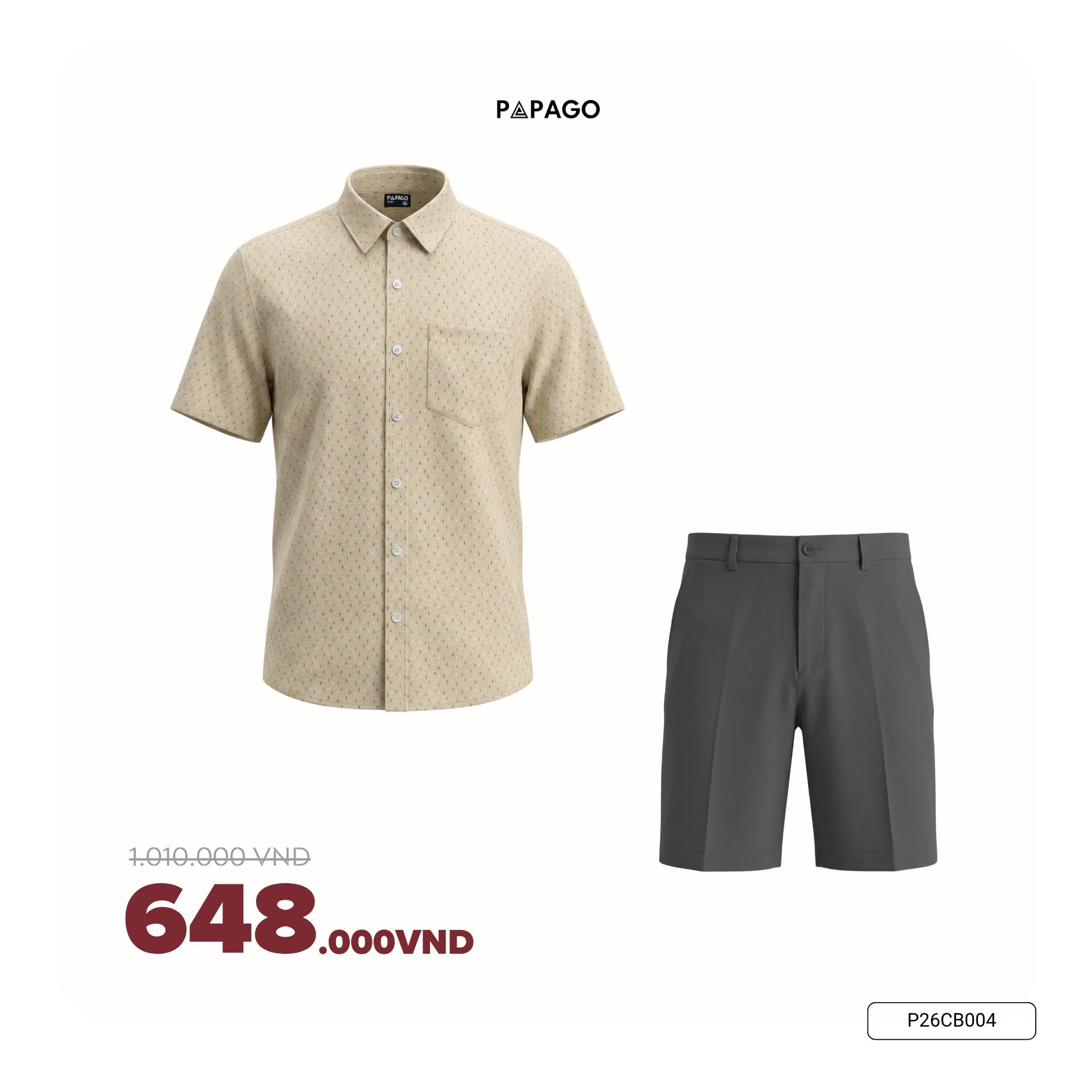 [Tặng Áo] Combo Áo Sơ Mi Nam Họa Tiết Vải Xô Đũi & Quần Short Vải Poly Trung Niên PAPAGO - P26CB006