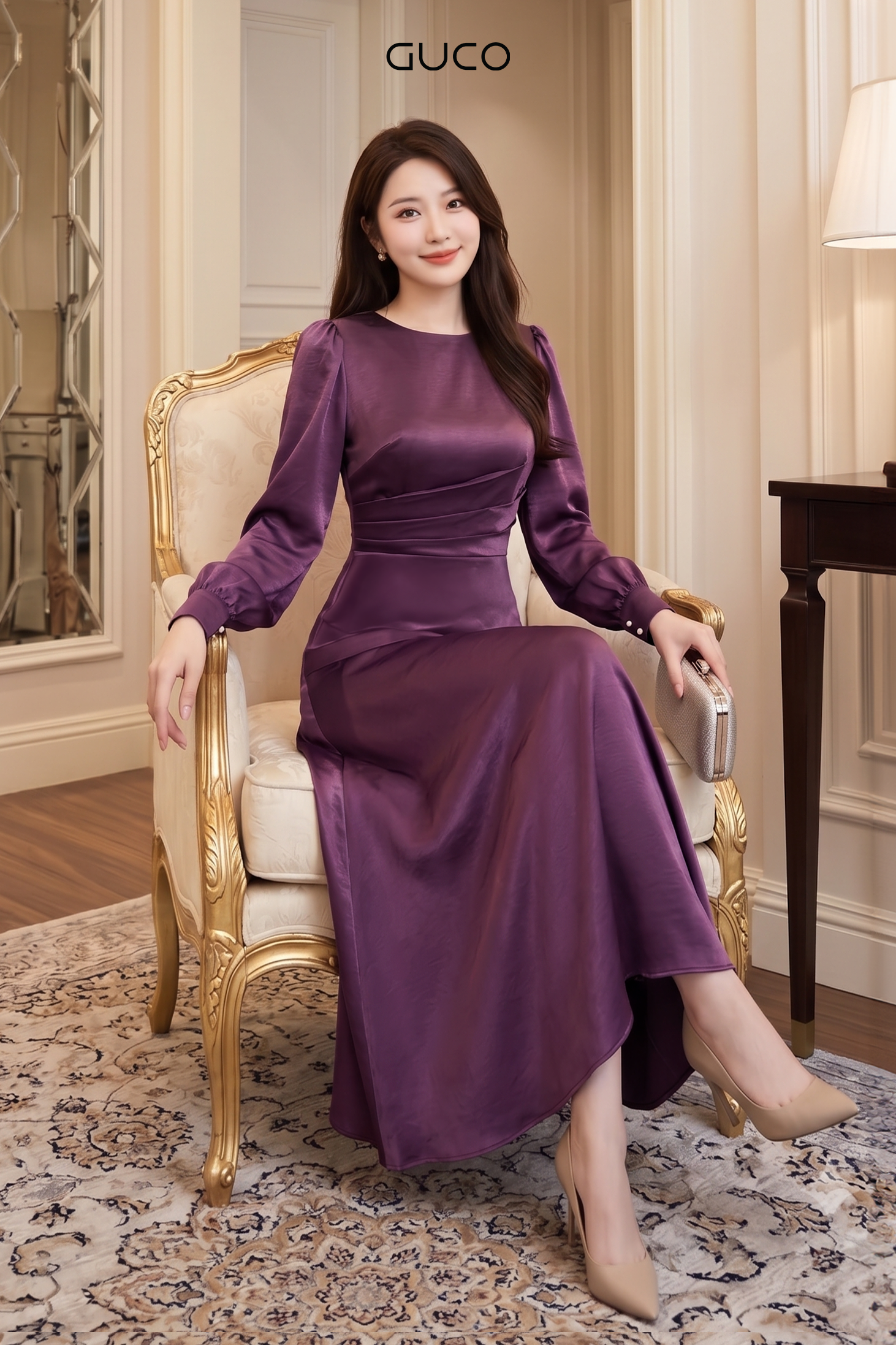 Đầm Dự Tiệc Đuôi Cá Tím Tay Daì Eo Xếp Ly_thumbnail_1