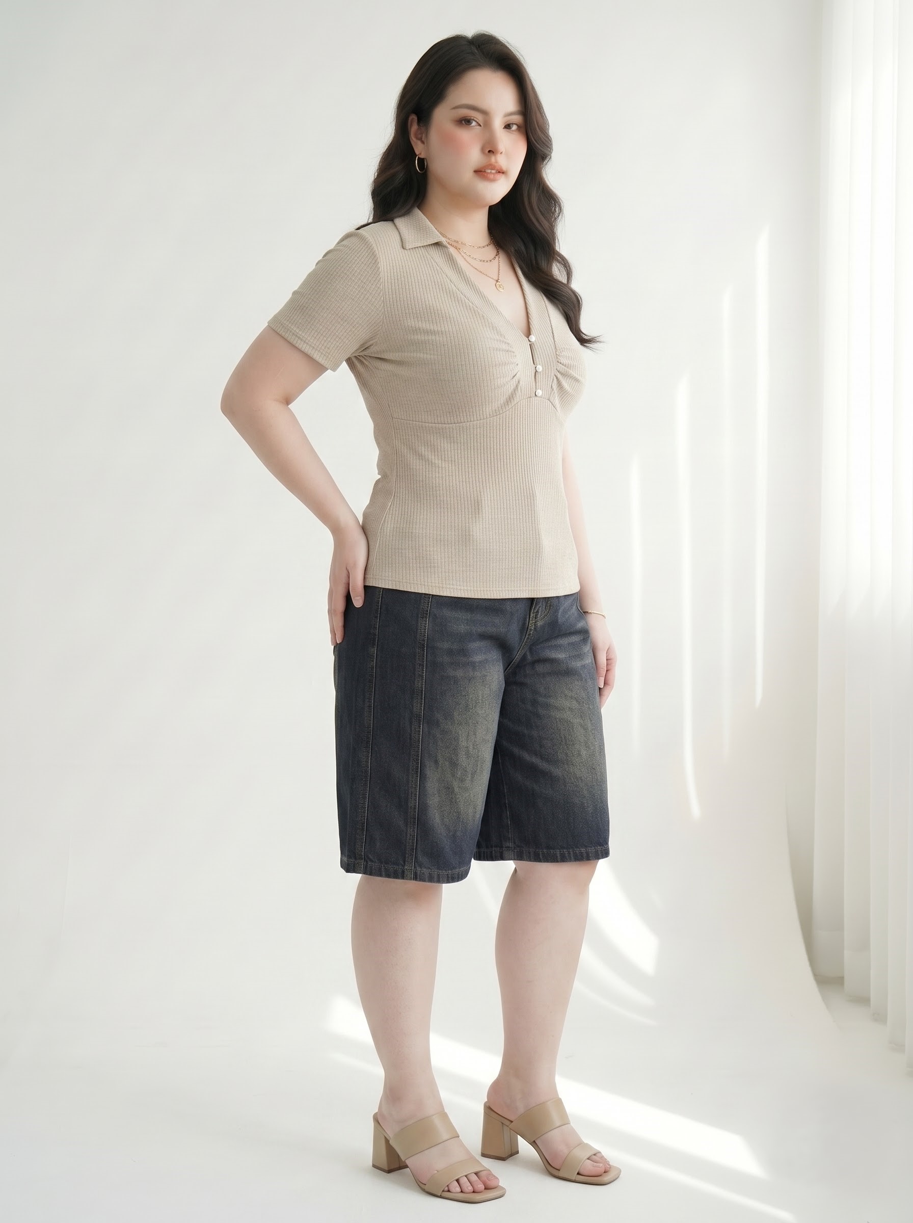 Áo Thun Gân Cổ V Nhún Ngực Bigsize Tôn Dáng - Be - Vừa 55-90kg - AK113_thumbnail_2