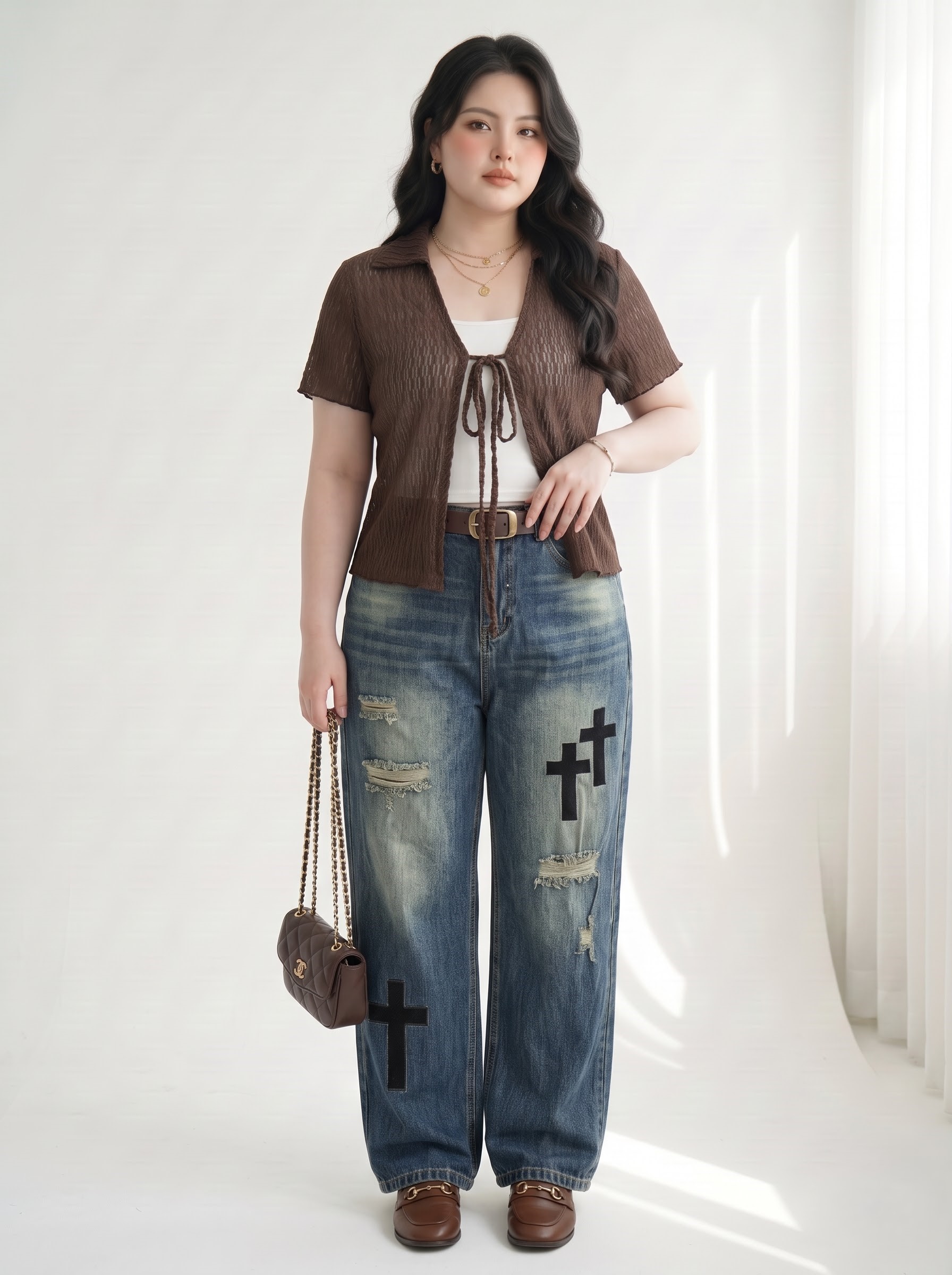 Quần Jean Suông Thêu Chữ Thập Bigsize Nữ Dài 103–105cm Không Co Giãn - Vừa 58–90kg - T-QJ639