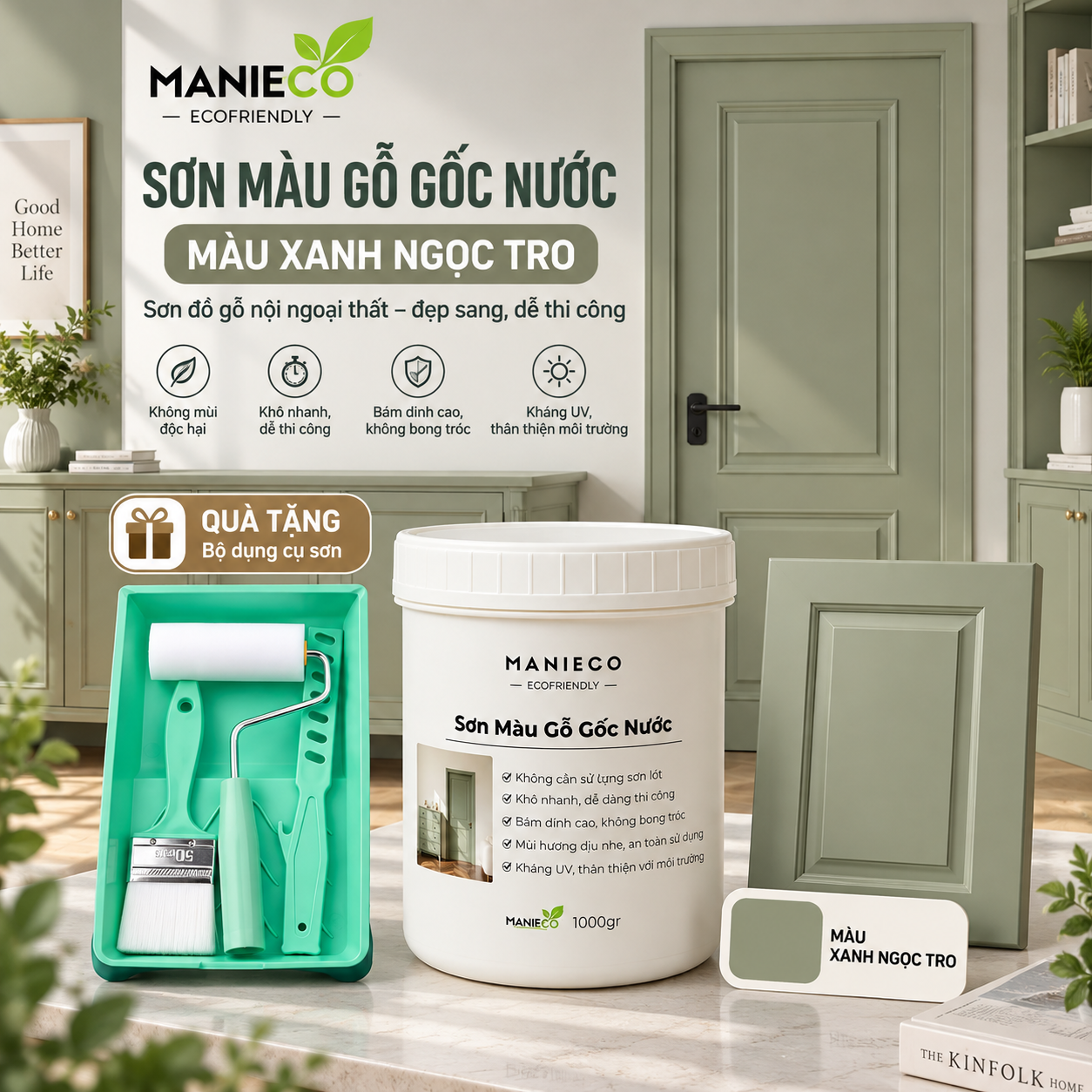 Màu Xanh Ngọc Tro - Sơn Gỗ Gốc Nước Đổi Màu Manieco 1KG - Nội Ngoại Thất, Che Phủ Hoàn Toàn, Không Mùi