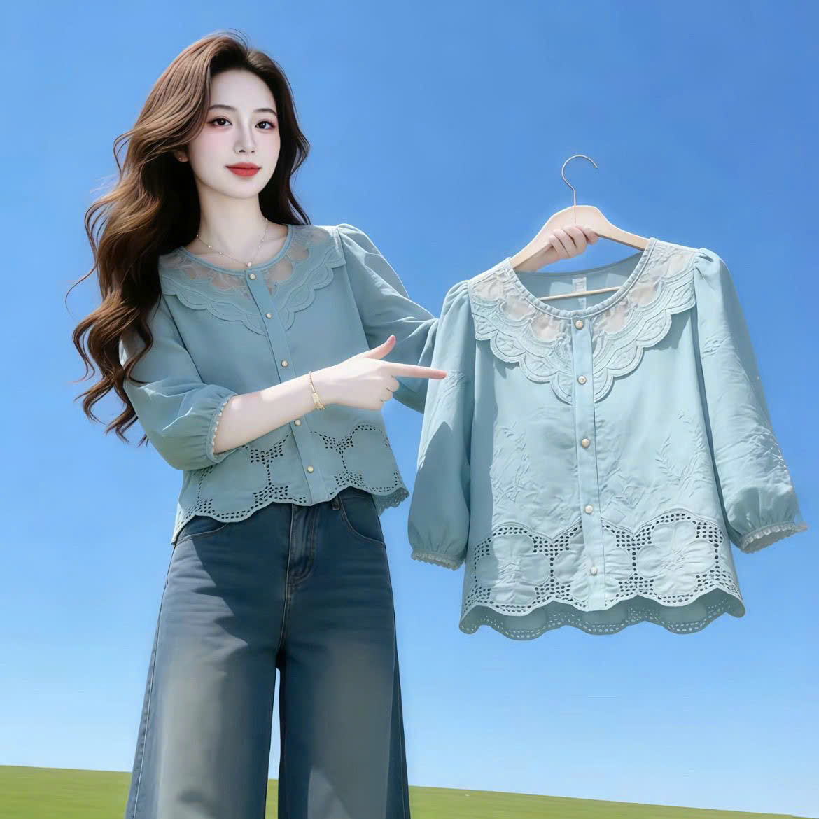 MS XH1703378: Áo sơ mi phối ren