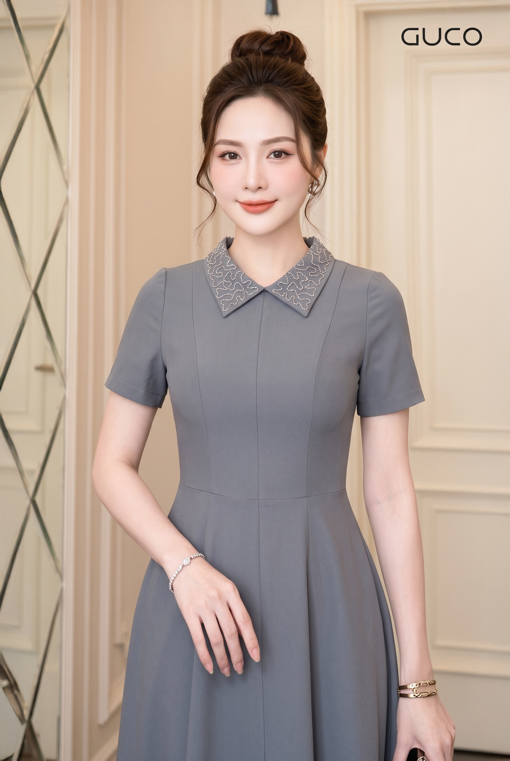 Đầm Xòe Xám Ghi Cổ Sơ Mi Đính Đá - 5238_thumbnail_2