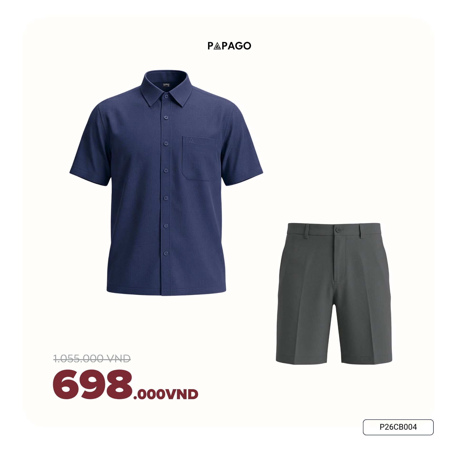 [Tặng Áo] Combo Áo Sơ Mi Nam Tay Ngắn Trơn Đơn Giản & Quần Short Vải Poly Trung Niên PAPAGO - P26CB005