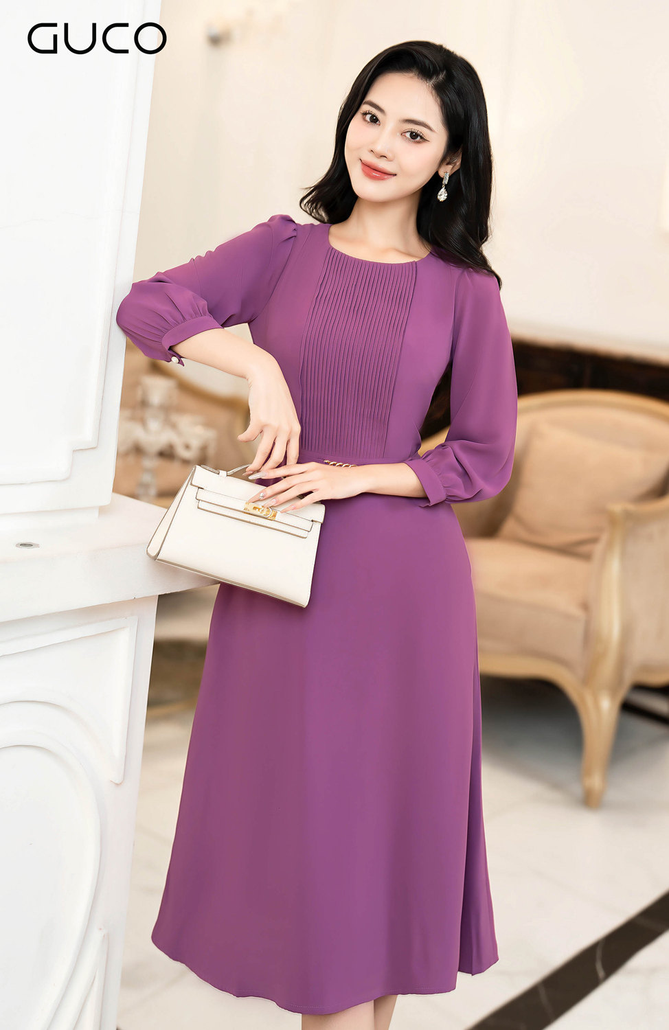 D10024TIM - ĐẦM XÒE CỔ TRÒN TAY DÀI - TÍM