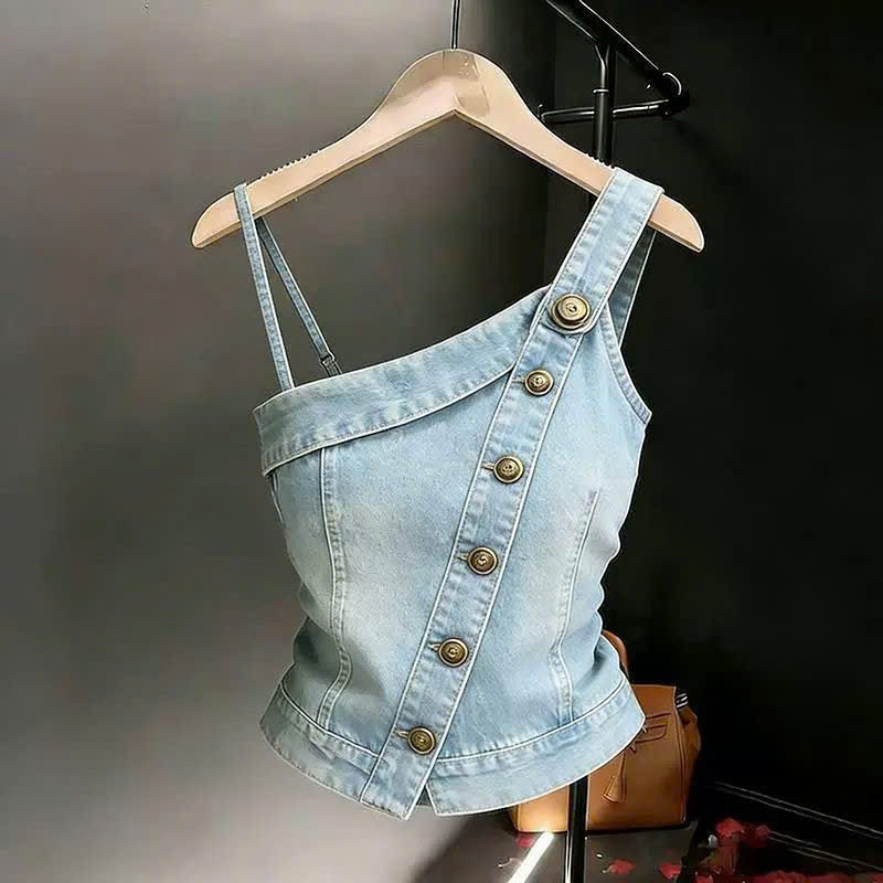 MS XM2502427: Áo Hai Dây Denim Lệch Vai