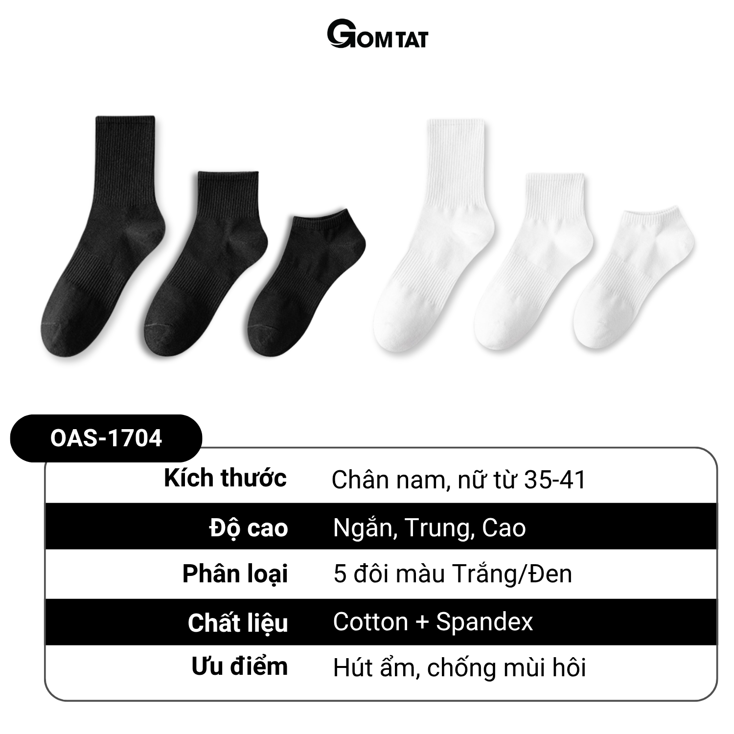 Combo tất trơn cổ cao/trung/ngắn GOMTAT, tất thể thao basic chất cotton thoáng khí - OAS-1704_thumbnail_4