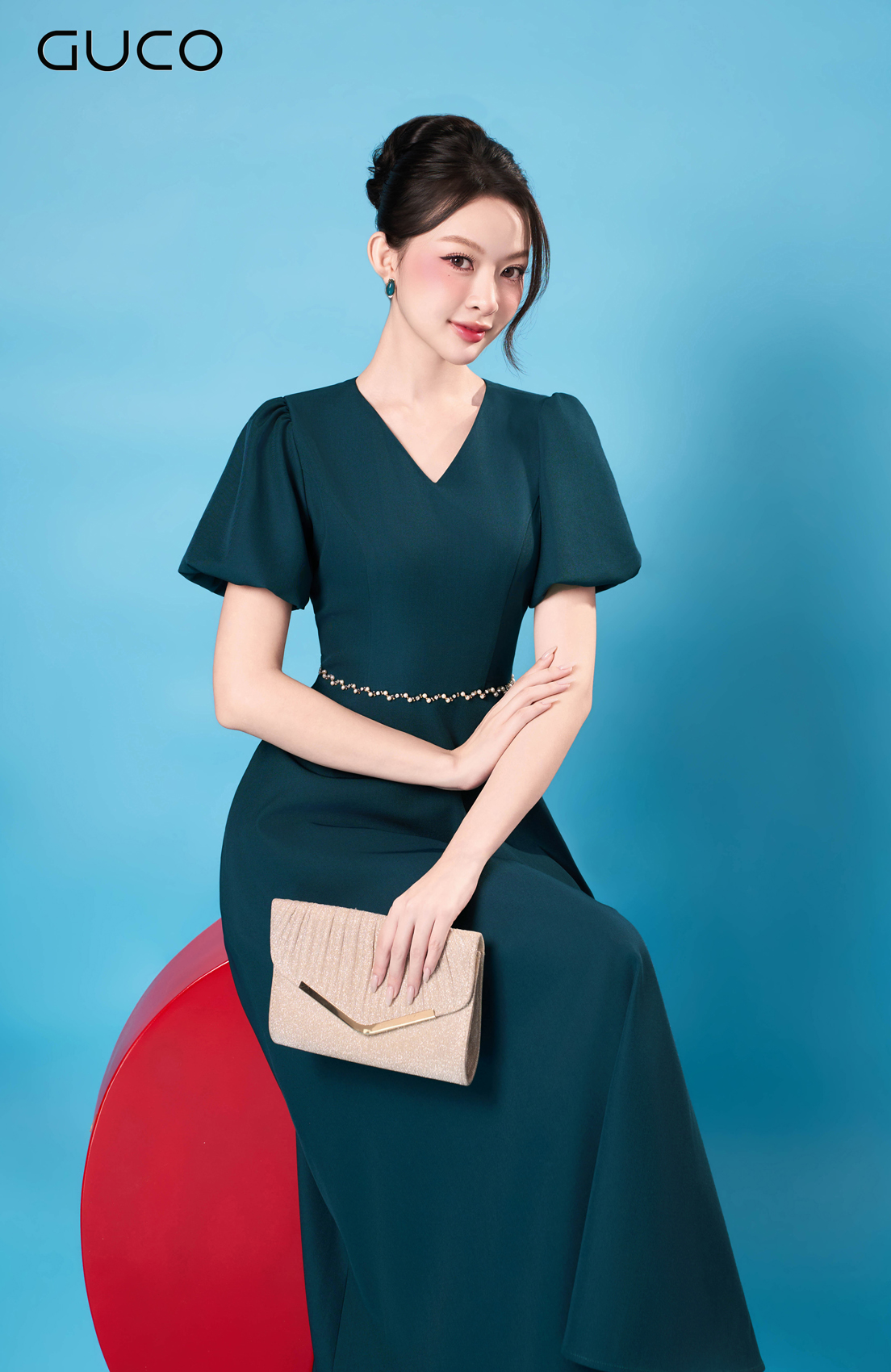 Đầm Xòe Xanh Cổ Tim Đính Đá Eo_thumbnail_4
