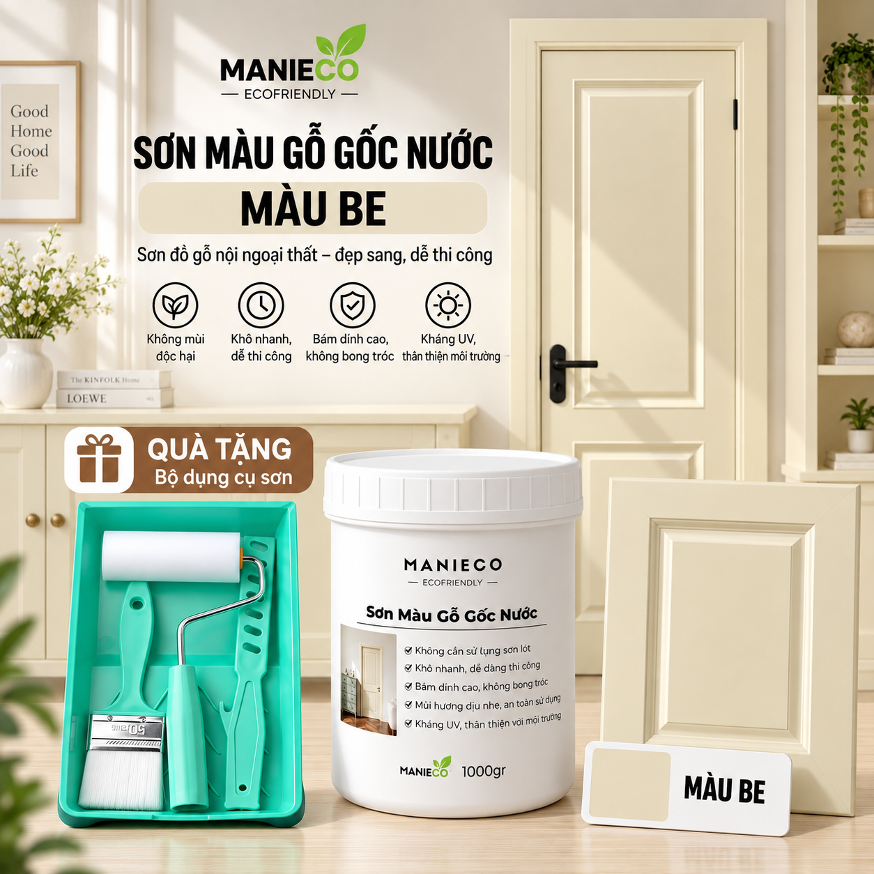 Màu Be - Sơn Gỗ Gốc Nước Đổi Màu Manieco 1KG - Nội Ngoại Thất, Che Phủ Hoàn Toàn, Không Mùi
