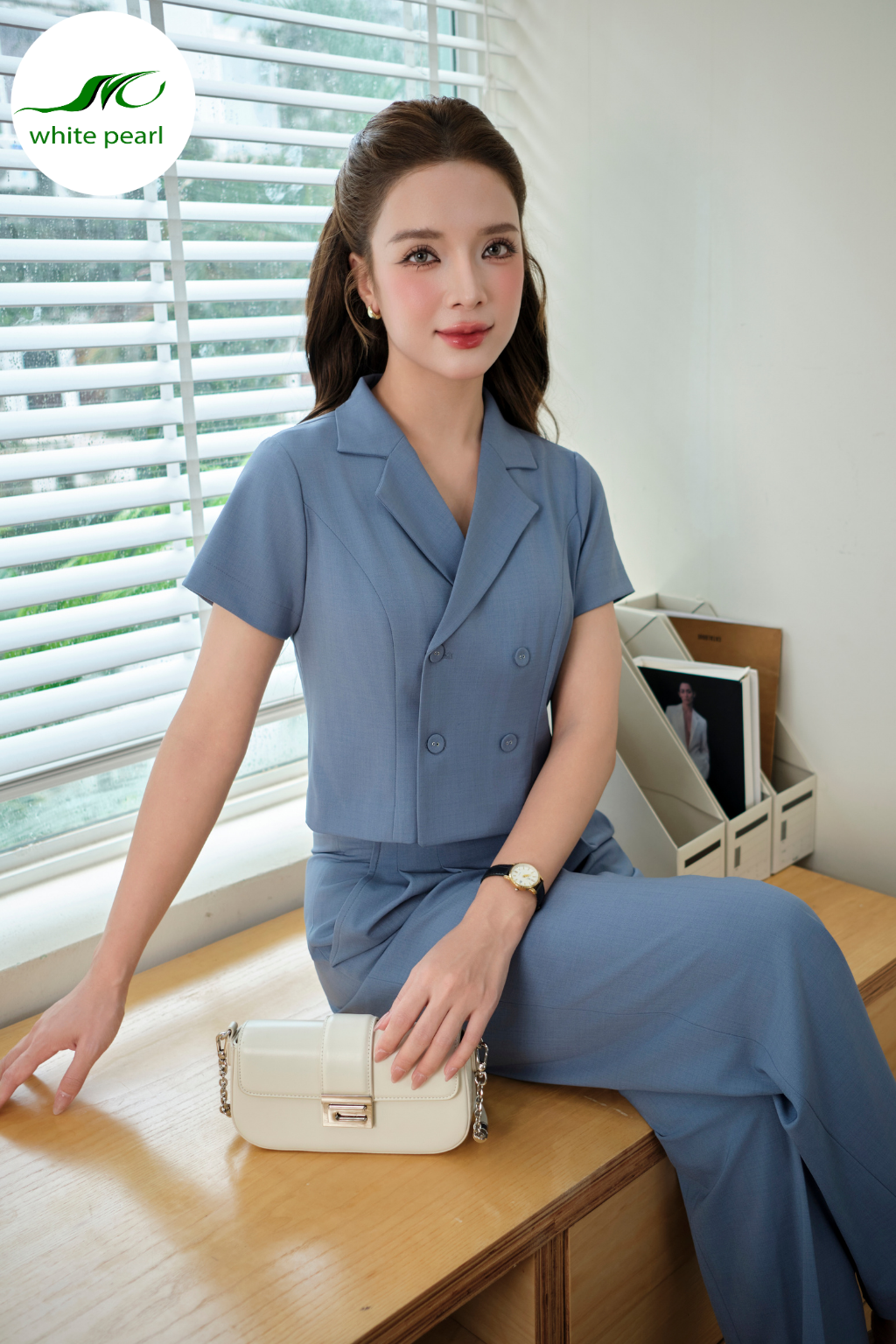  Áo sơ mi kí giả cổ K + Quần âu nữ xuông đỉa X Kate lụa - Xanh Nhạt_thumbnail_1