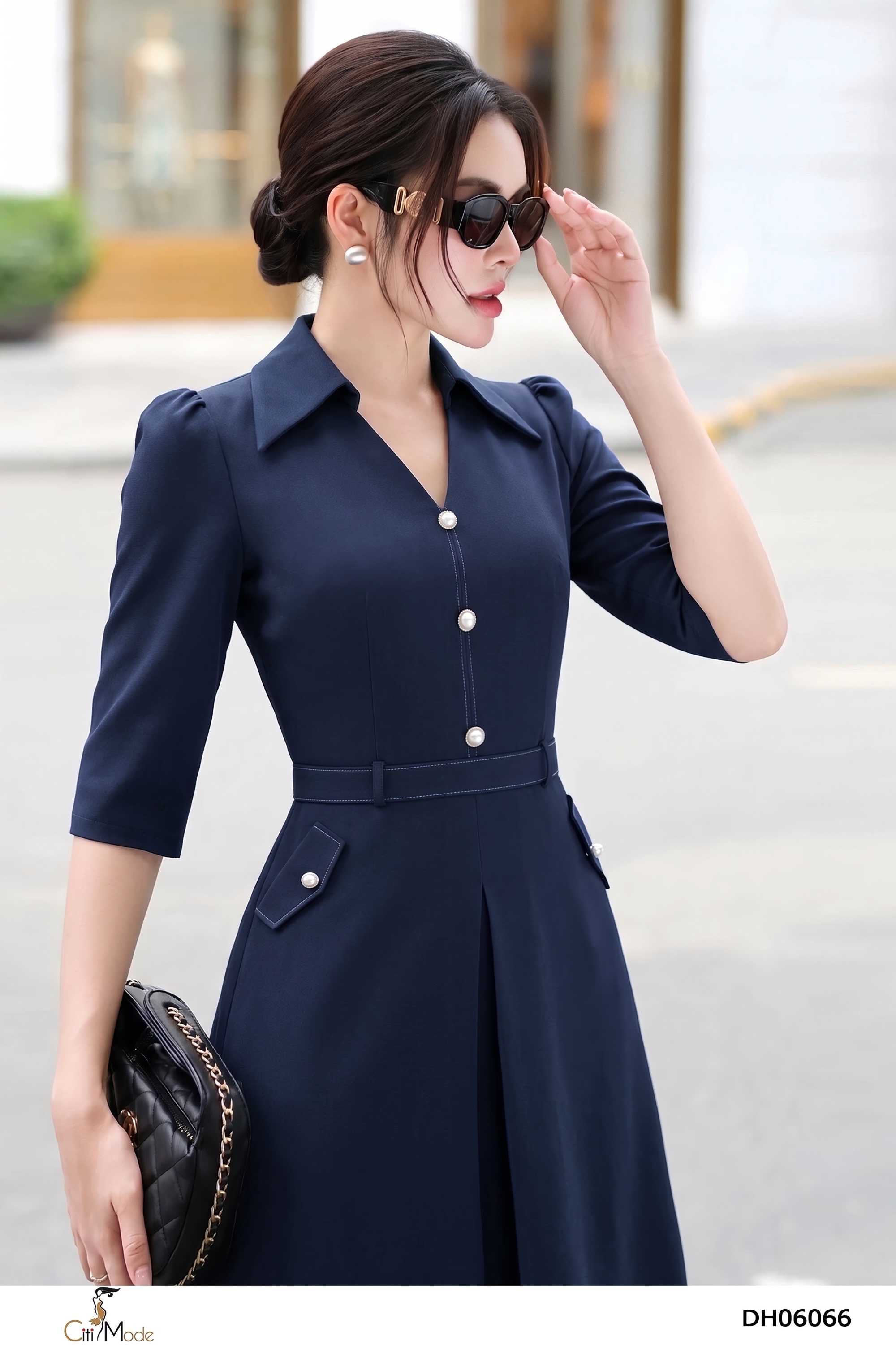 Đầm dáng A xanh đen giả túi cổ đức tay lỡ_thumbnail_3