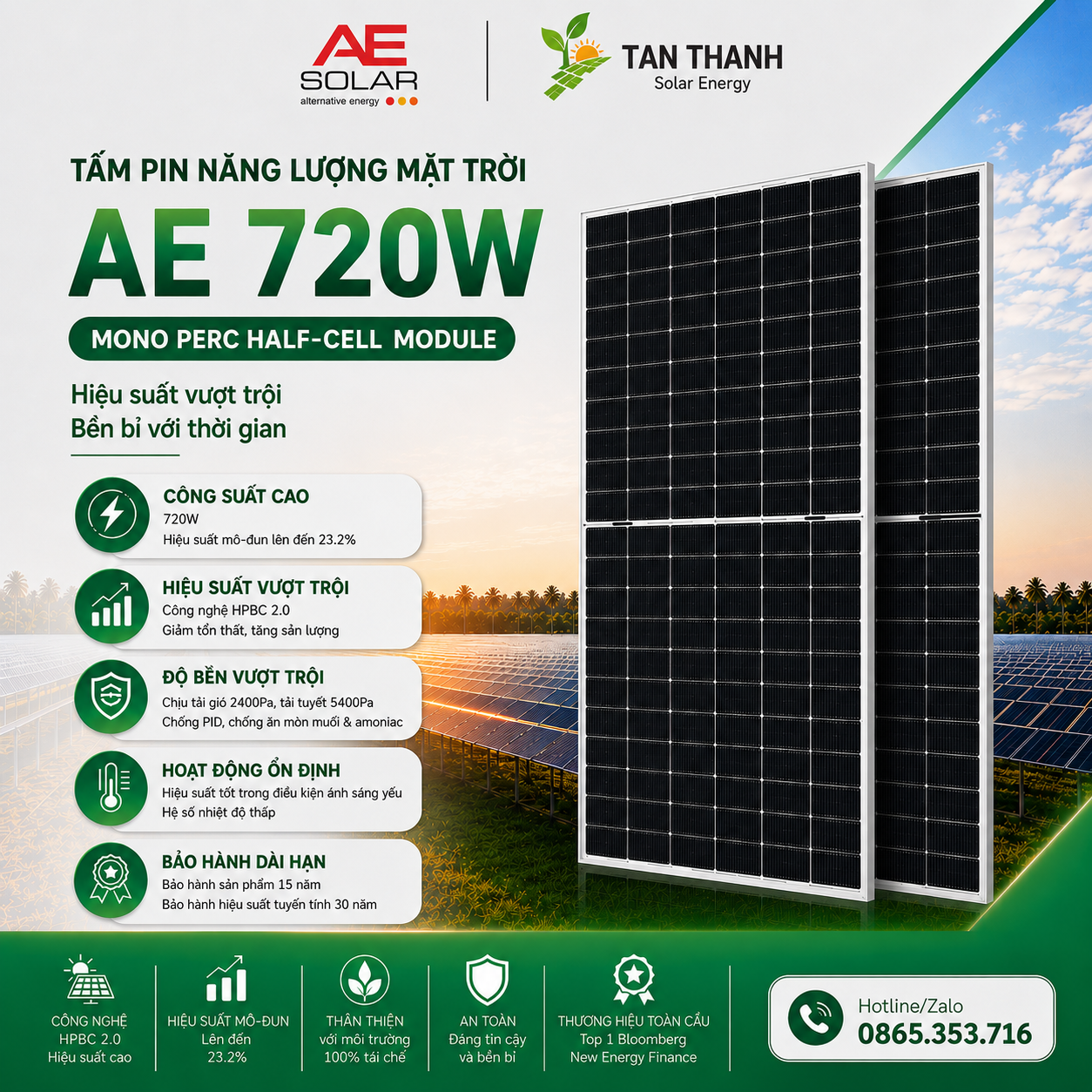 Tấm Pin Năng Lượng Mặt Trời AE Solar 720W