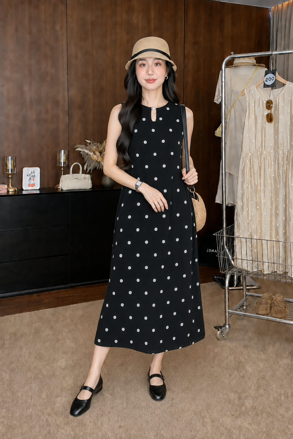 MV123 - Đầm Đen Chấm Bi Dáng Xòe Thanh Lịch_thumbnail_2