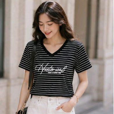 Áo Thun sọc ngang cổ tim Free Size 45-75kg Co Giãn 4 Chiều Tôn Dáng Mềm Mịn Thoáng Mát Dễ Phối Phong Cách_thumbnail_7