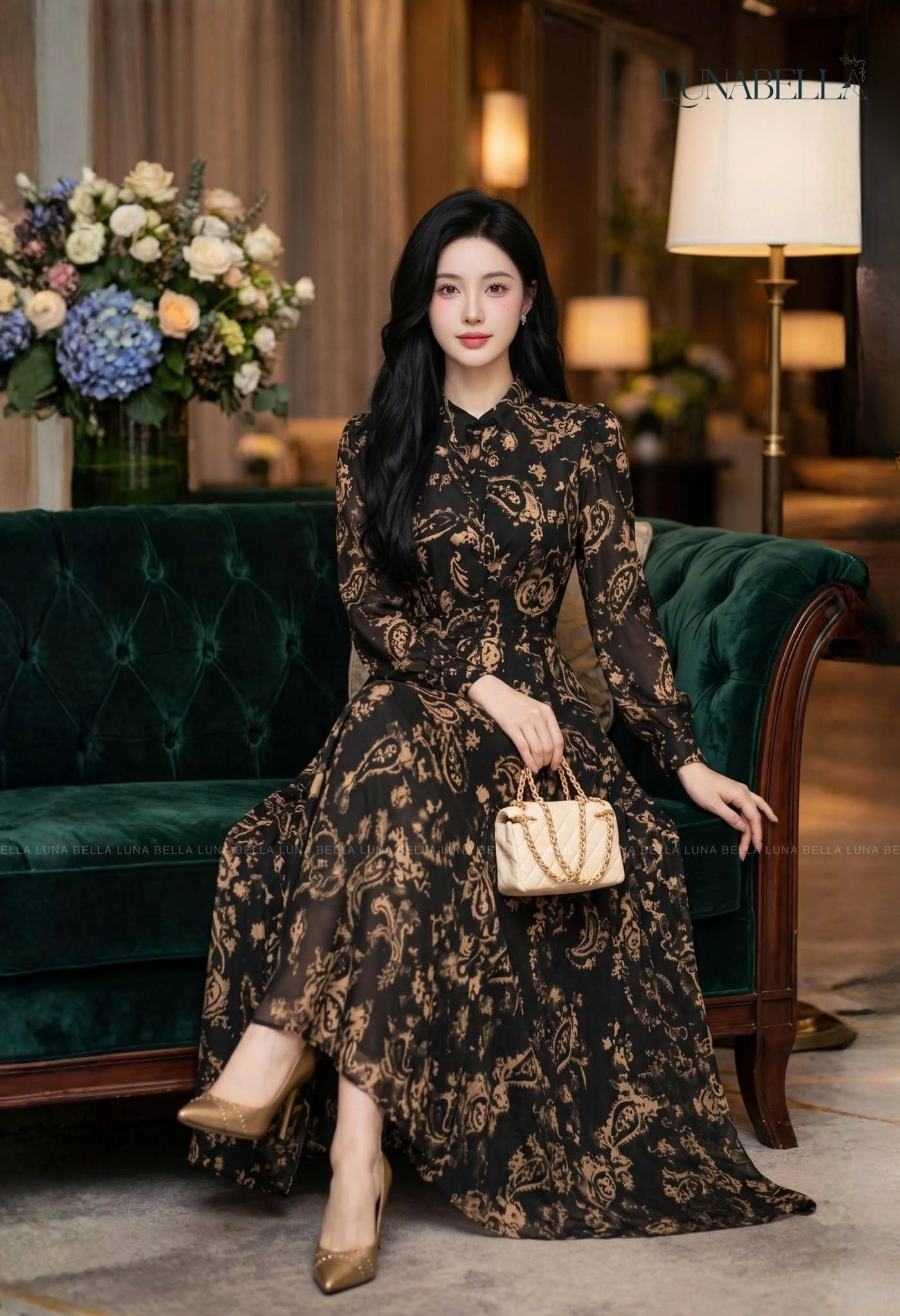 Váy sơ mi lụa dài LORETTA hoạ tiết màu ĐEN_thumbnail_1