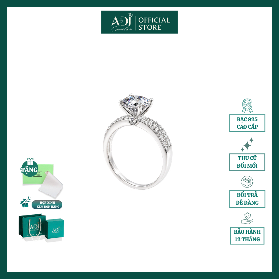 Nhẫn Bạc Nữ ADJ Nạm Đá CZ Tấm Nửa Đai Điểm Nhấn Viên Đá Nhỏ, Nhẫn Nữ Cao Cấp Thiết Kế Tinh Xảo SN13402AD