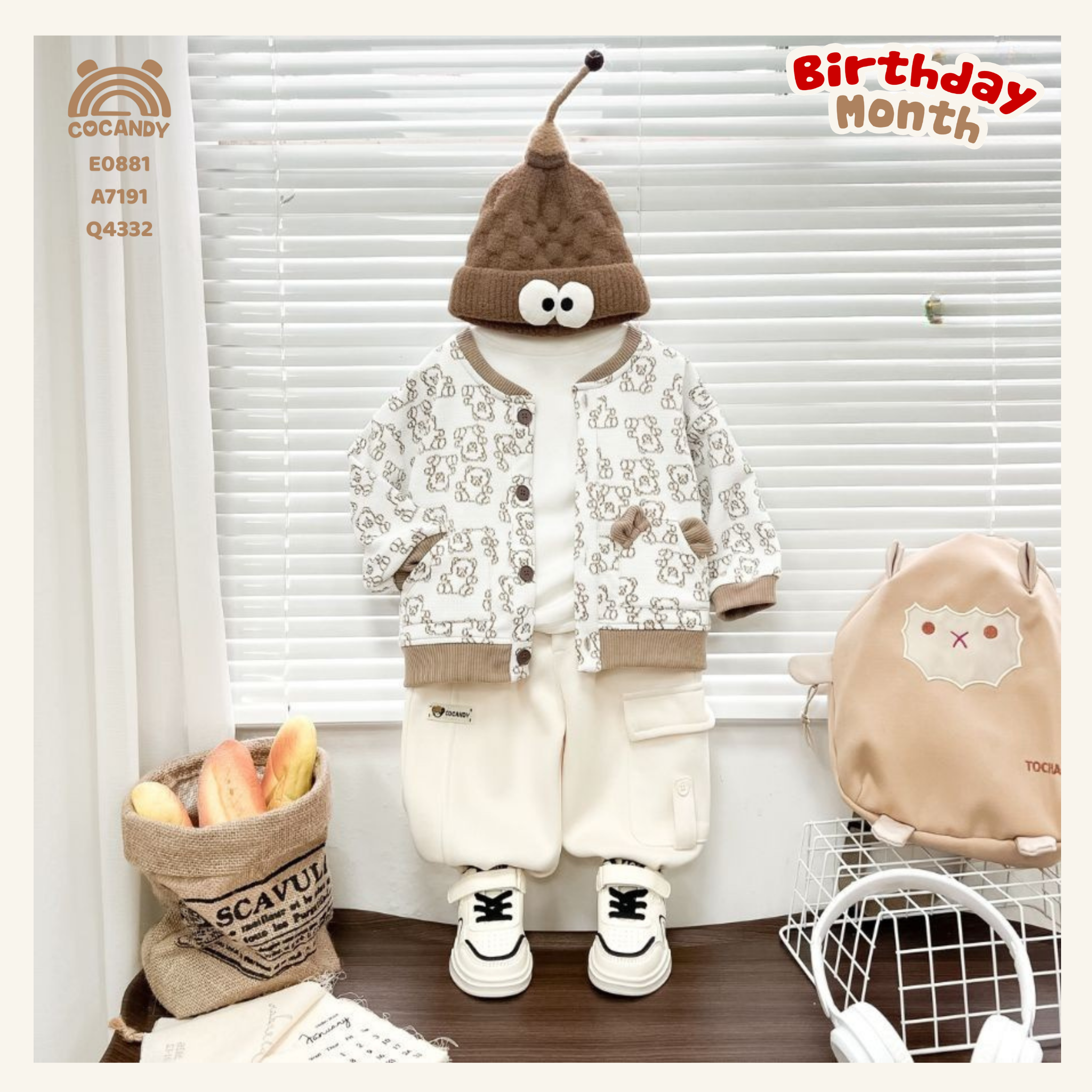 Áo cardigan BE họa tiết gấu nâu nhạt