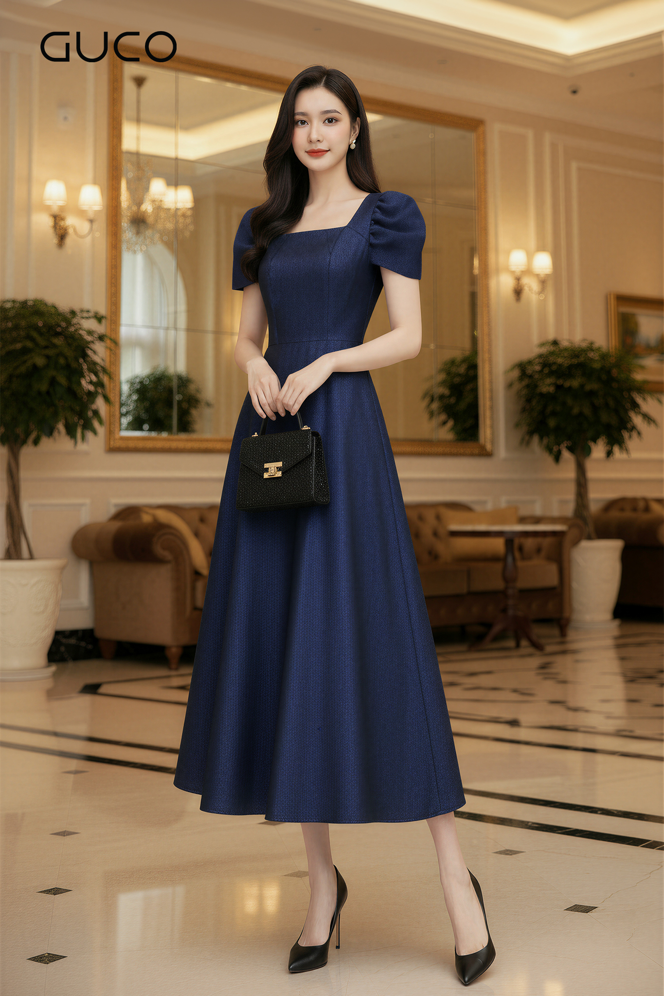 ĐẦM XÒE CỔ VUÔNG TAY BÚP - XANH ĐEN